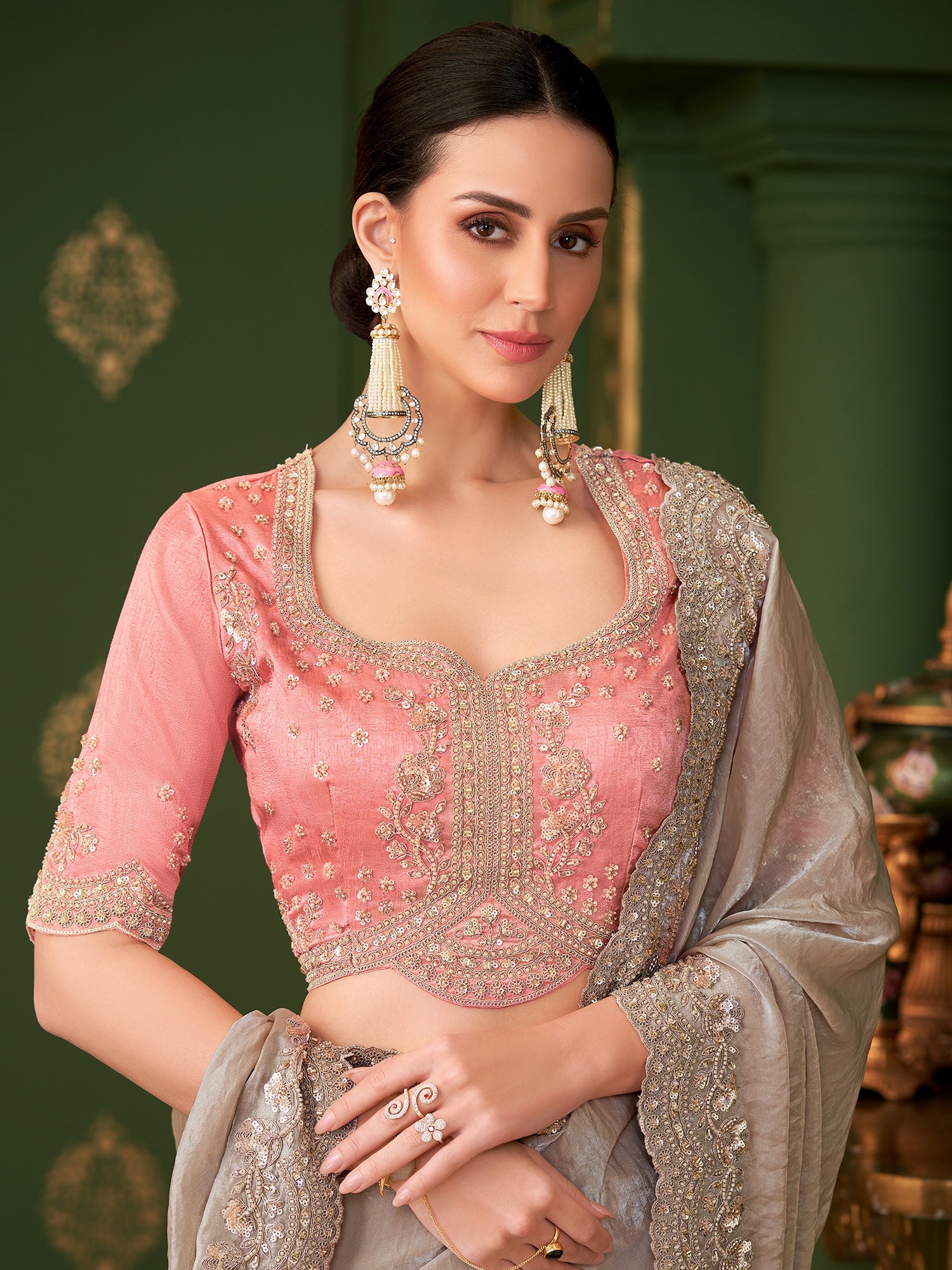 Cream Tissue Silk Saree with Scalloped Border - Ressa