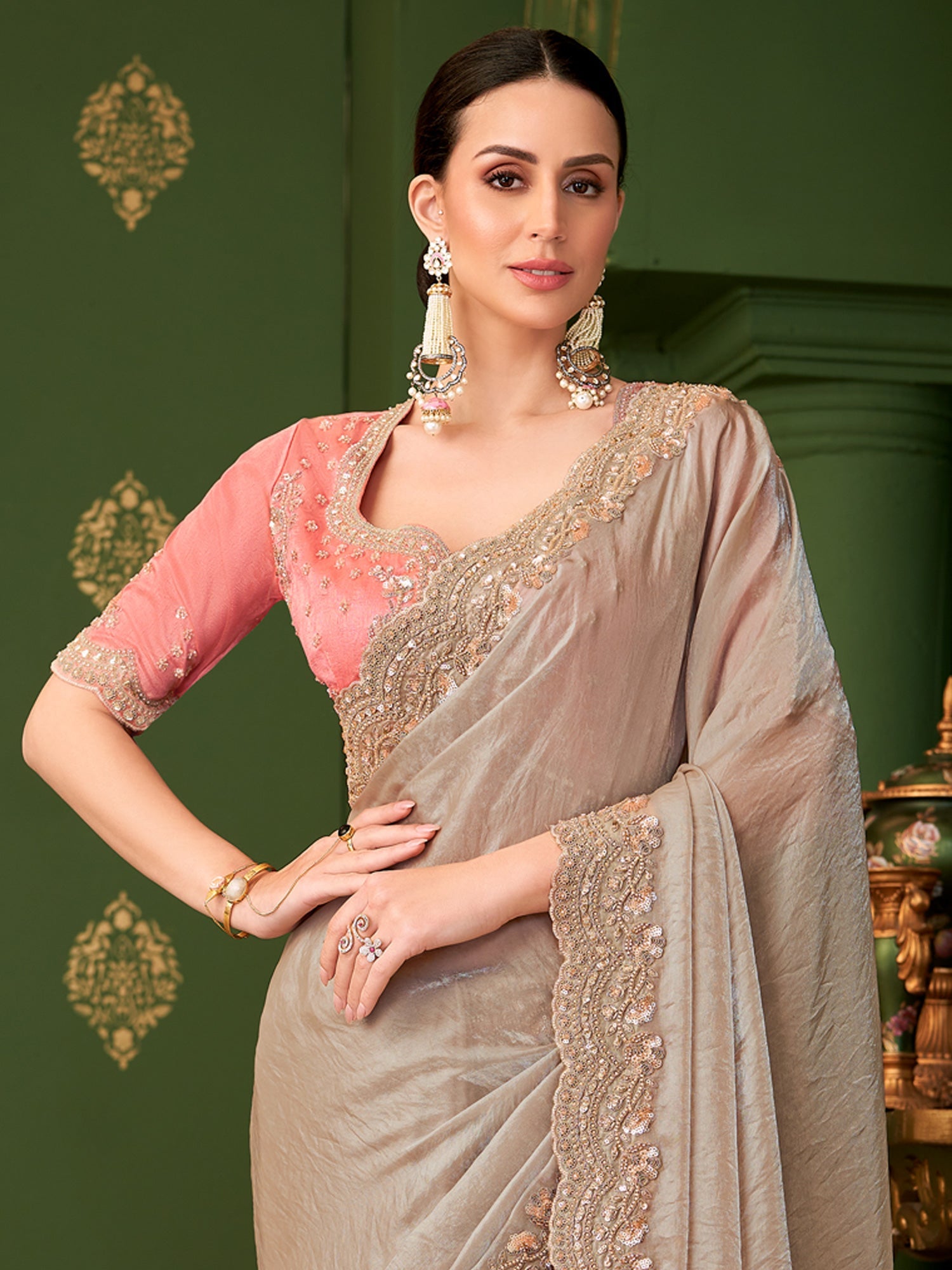 Cream Tissue Silk Saree with Scalloped Border - Ressa