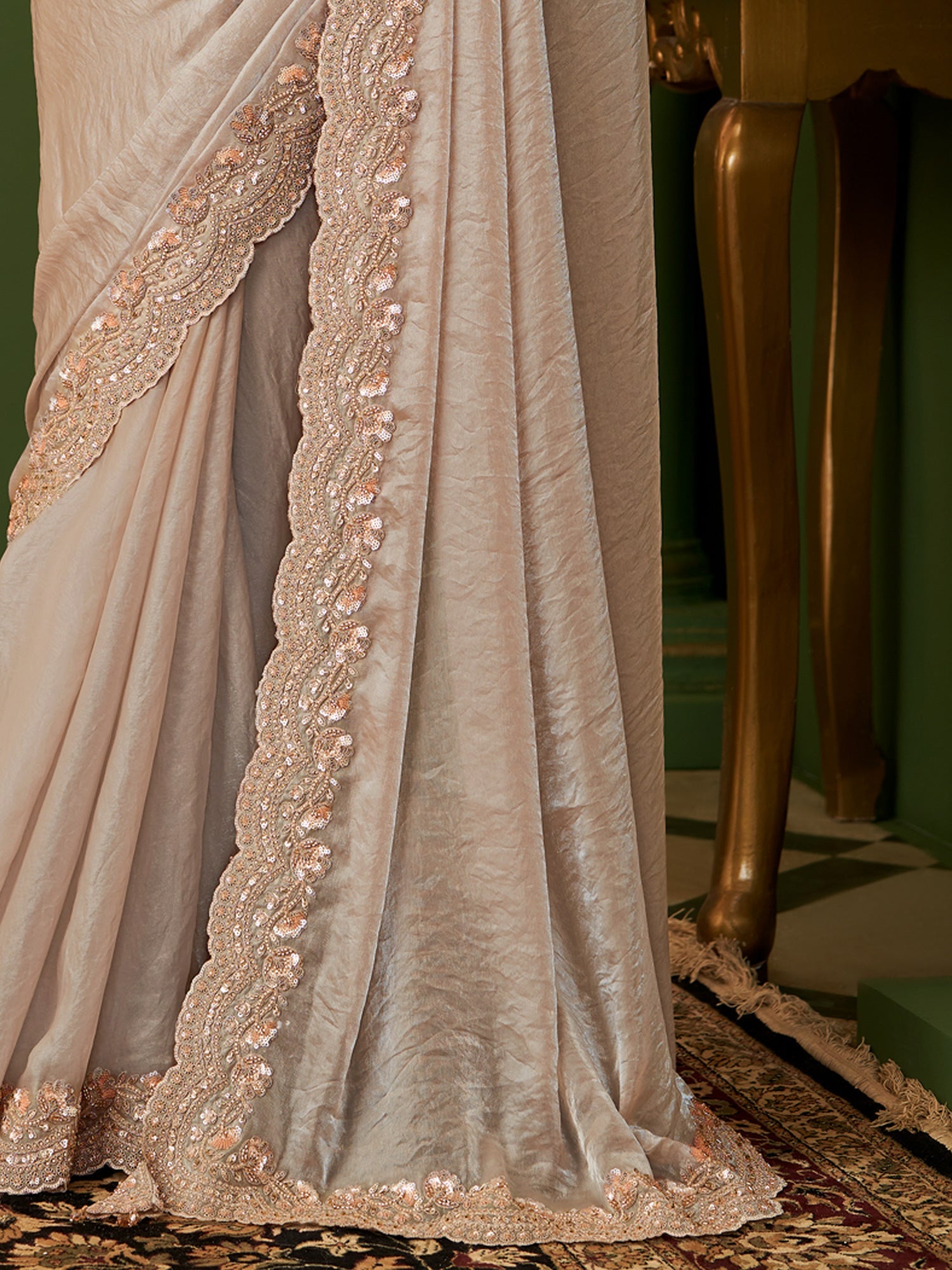 Cream Tissue Silk Saree with Scalloped Border - Ressa