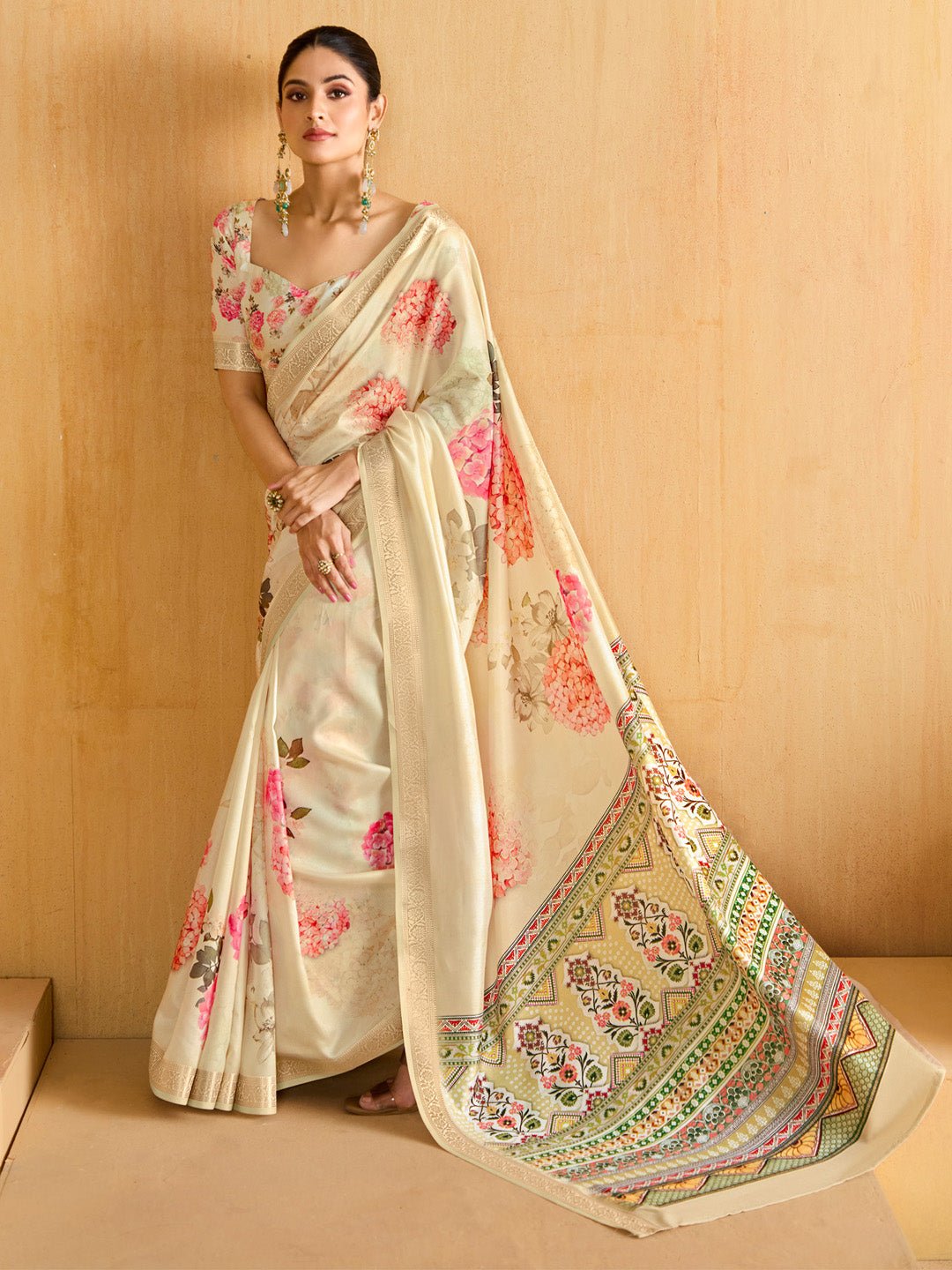 Cream Tussar Silk Blend Botanical Floral Print Zari Border Blouse Saree - Ressa