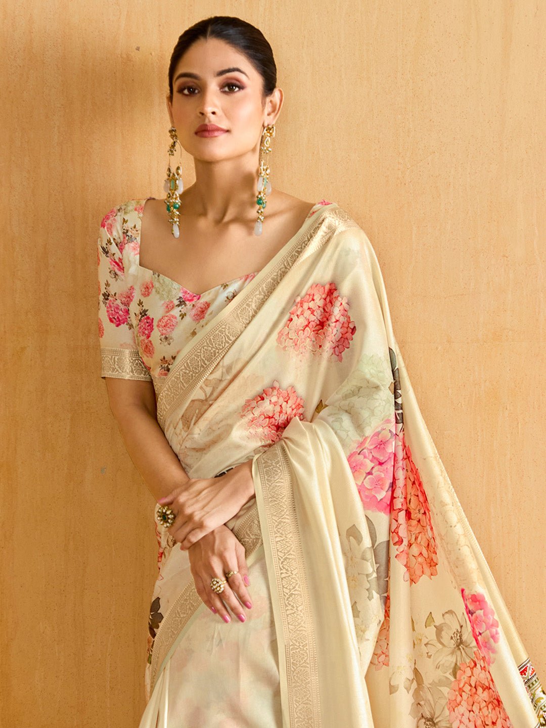 Cream Tussar Silk Blend Botanical Floral Print Zari Border Blouse Saree - Ressa