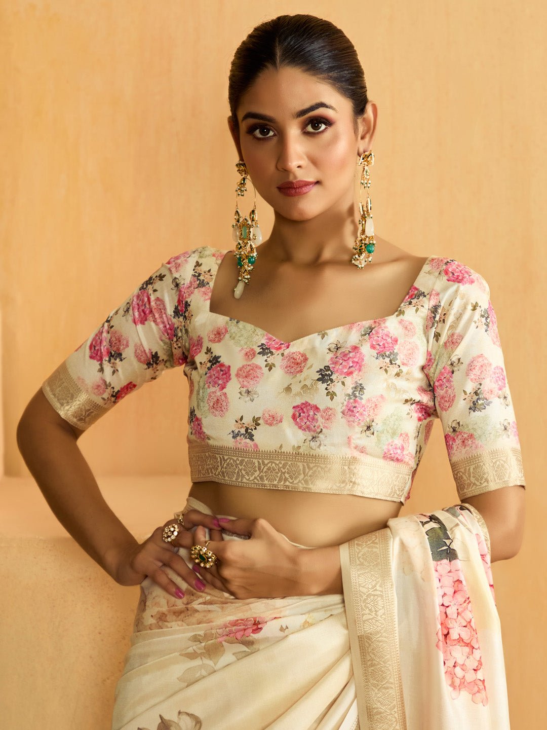 Cream Tussar Silk Blend Botanical Floral Print Zari Border Blouse Saree - Ressa