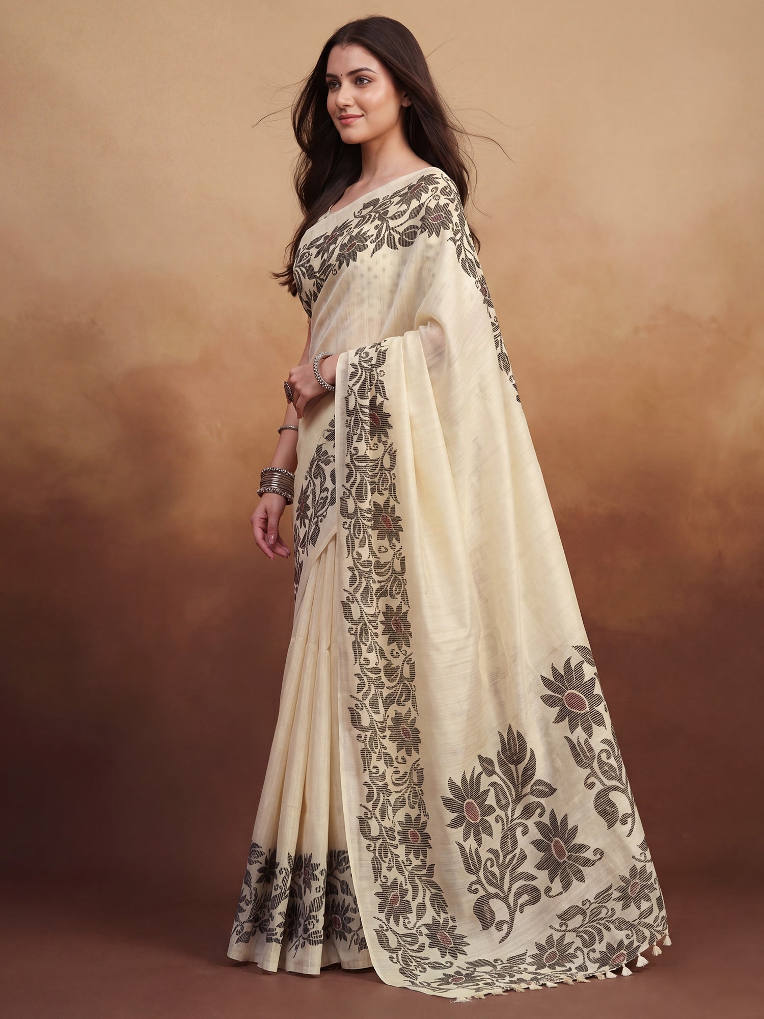 Cream Tussar Silk Madhubani Inspired Floral Print Saree - Ressa