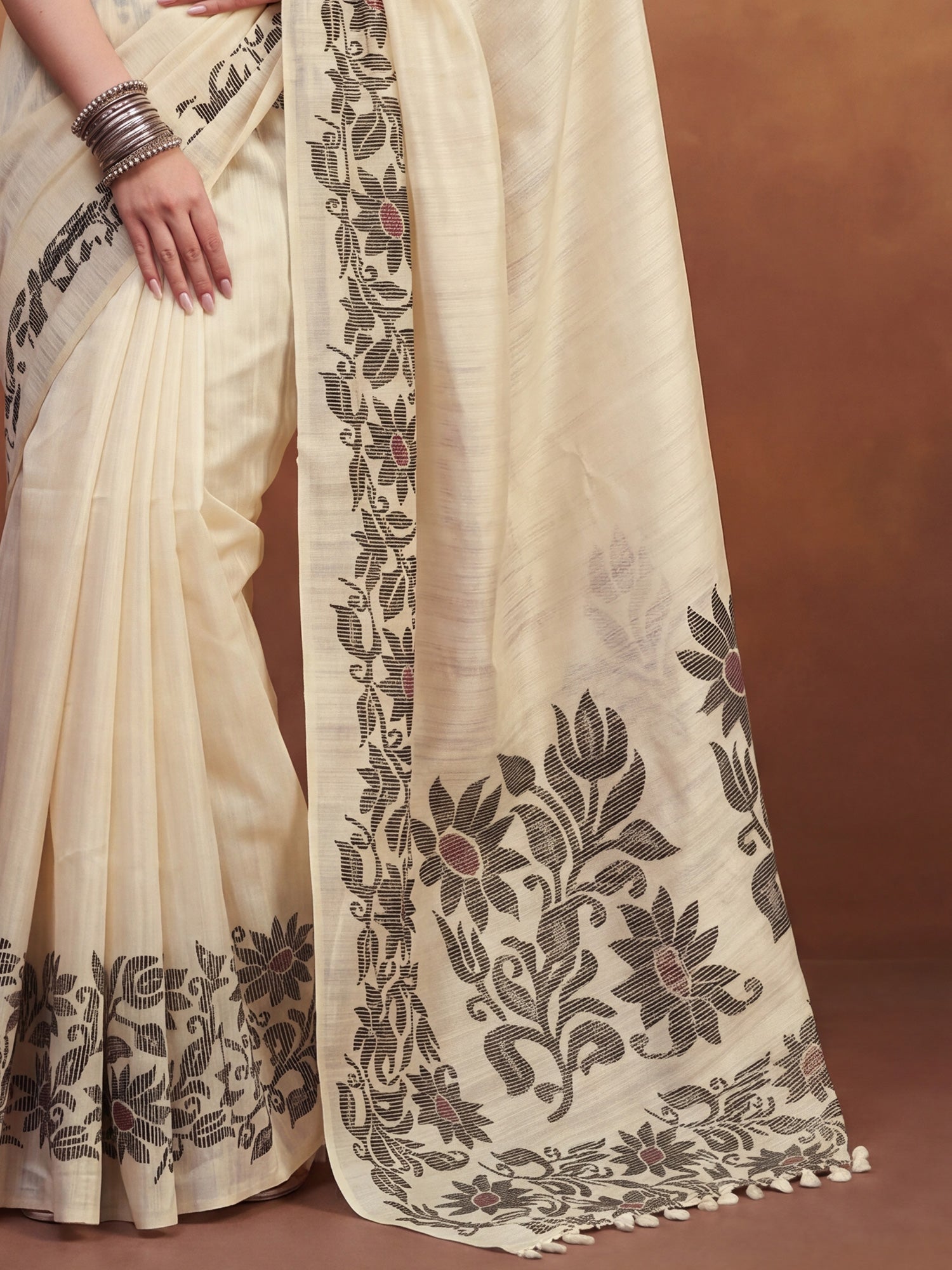 Cream Tussar Silk Madhubani Inspired Floral Print Saree - Ressa