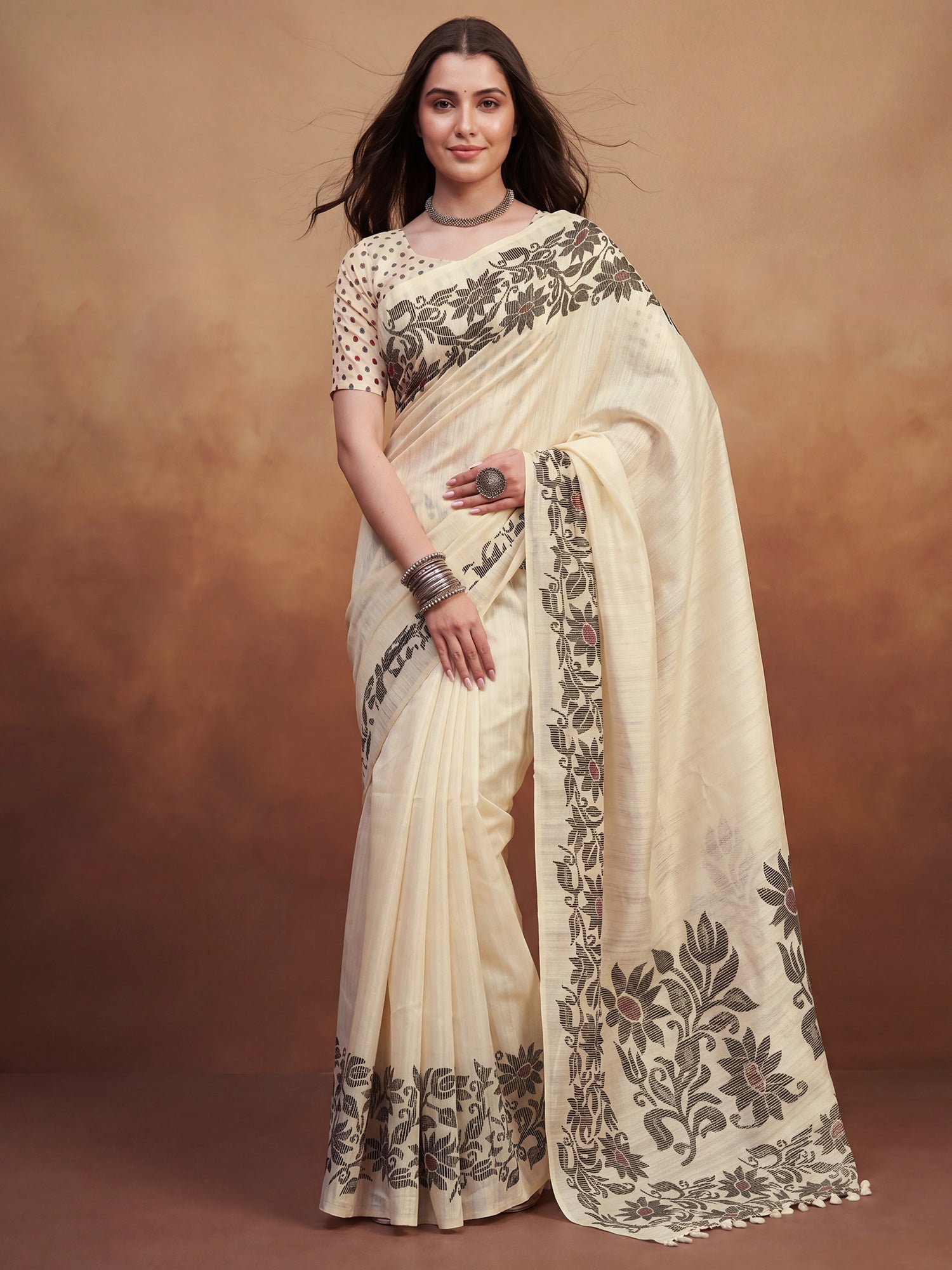 Cream Tussar Silk Madhubani Inspired Floral Print Saree - Ressa