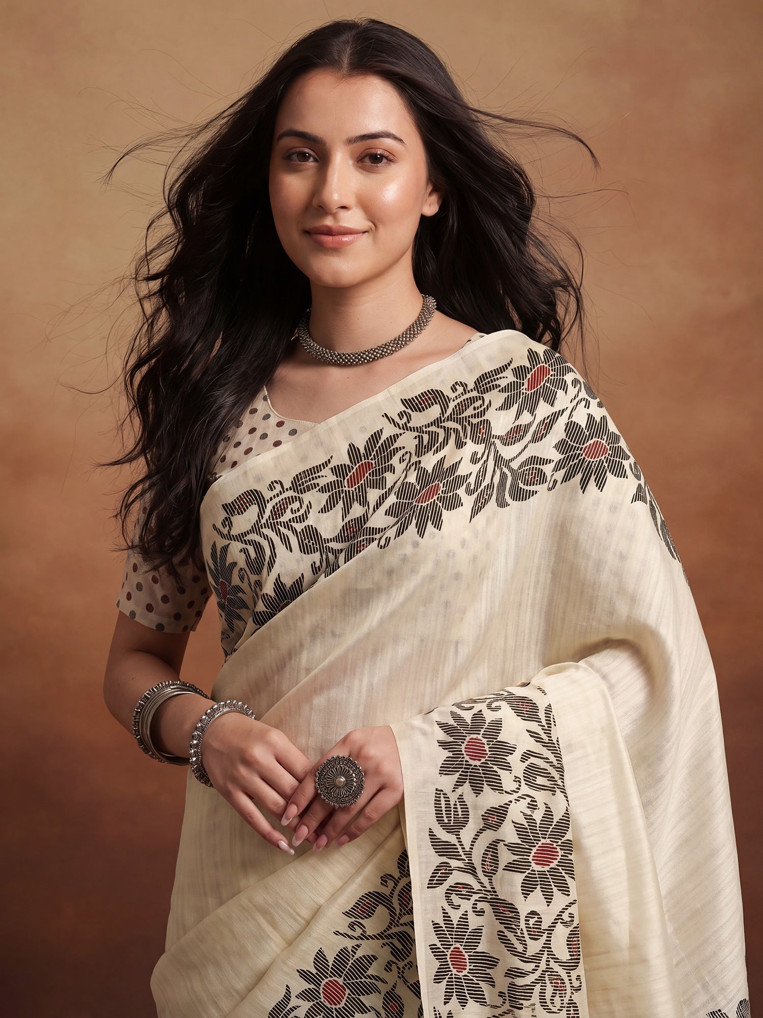 Cream Tussar Silk Madhubani Inspired Floral Print Saree - Ressa