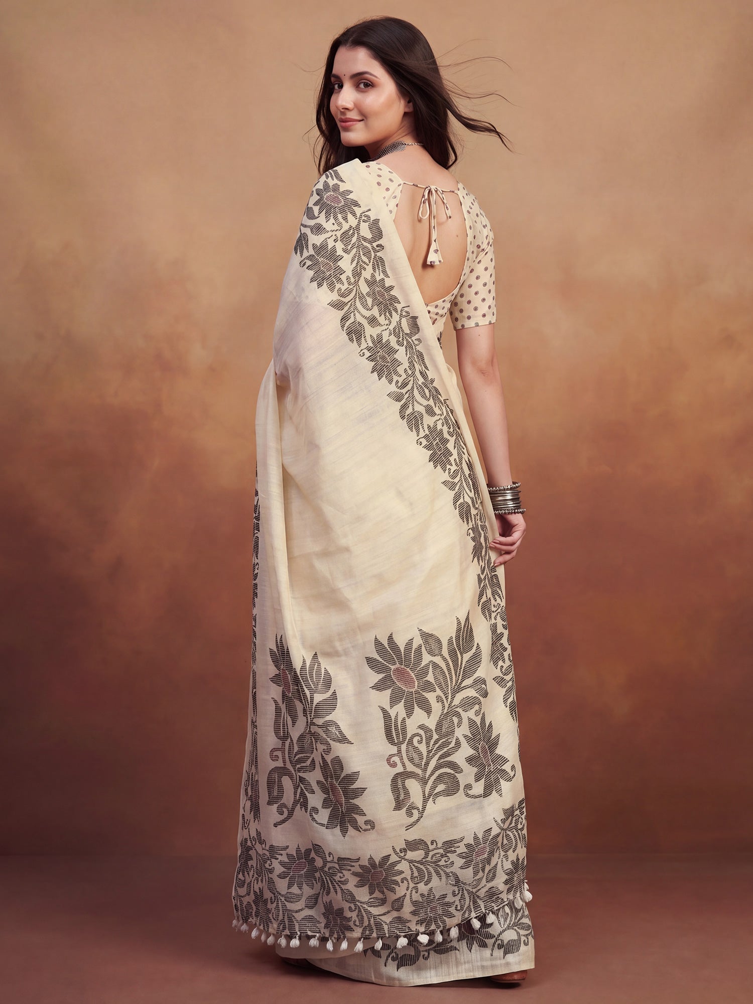 Cream Tussar Silk Madhubani Inspired Floral Print Saree - Ressa