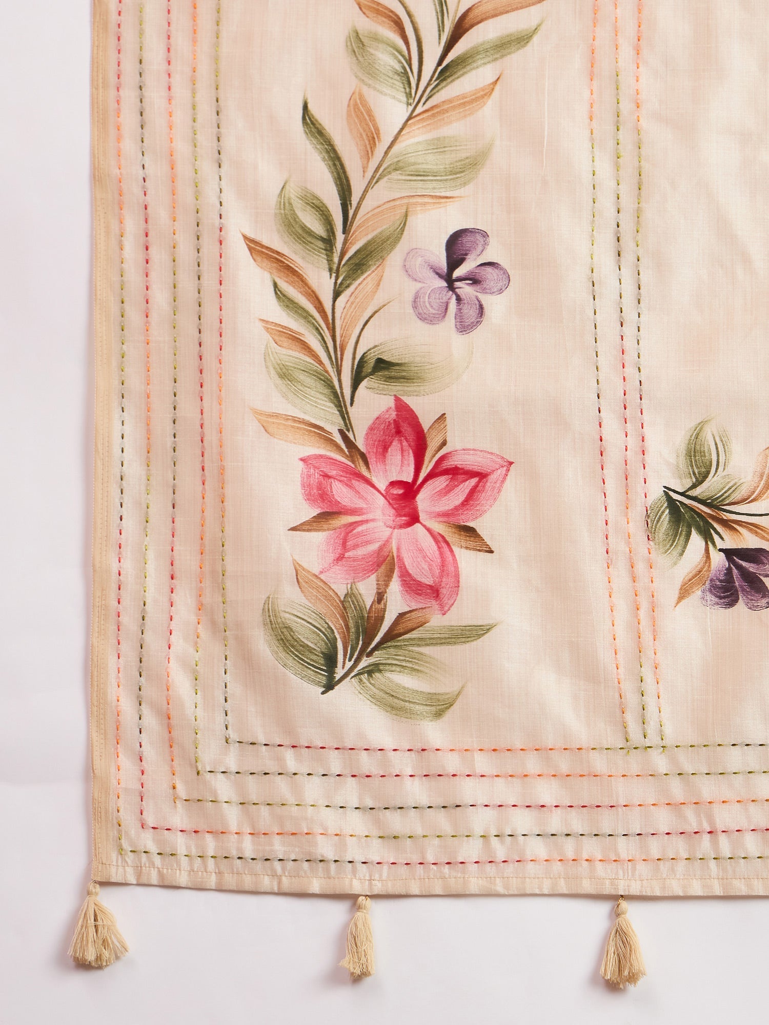 Cream Tussar Silk Saree with Asymmetrical Floral Border - Ressa