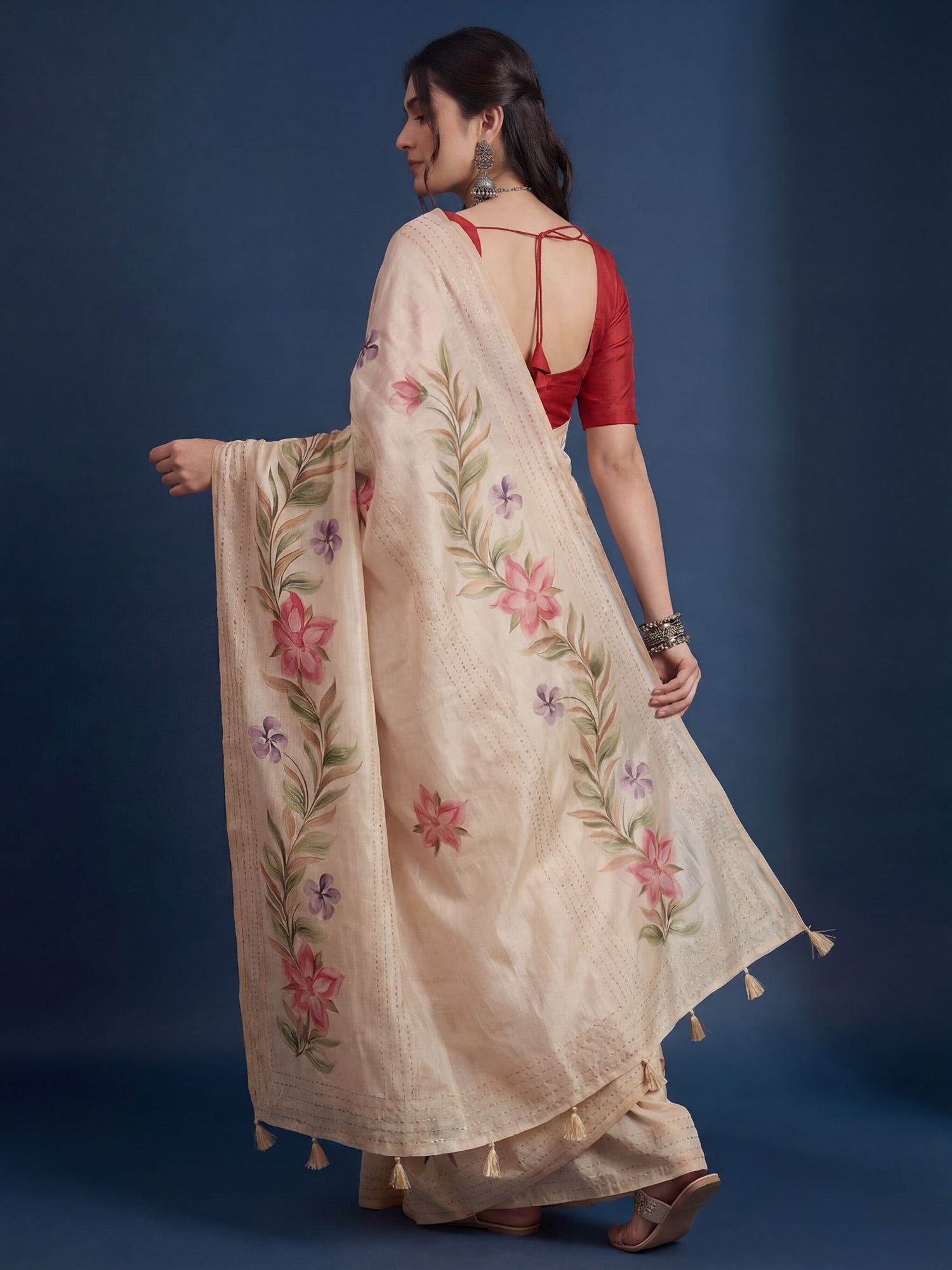 Cream Tussar Silk Saree with Asymmetrical Floral Border - Ressa