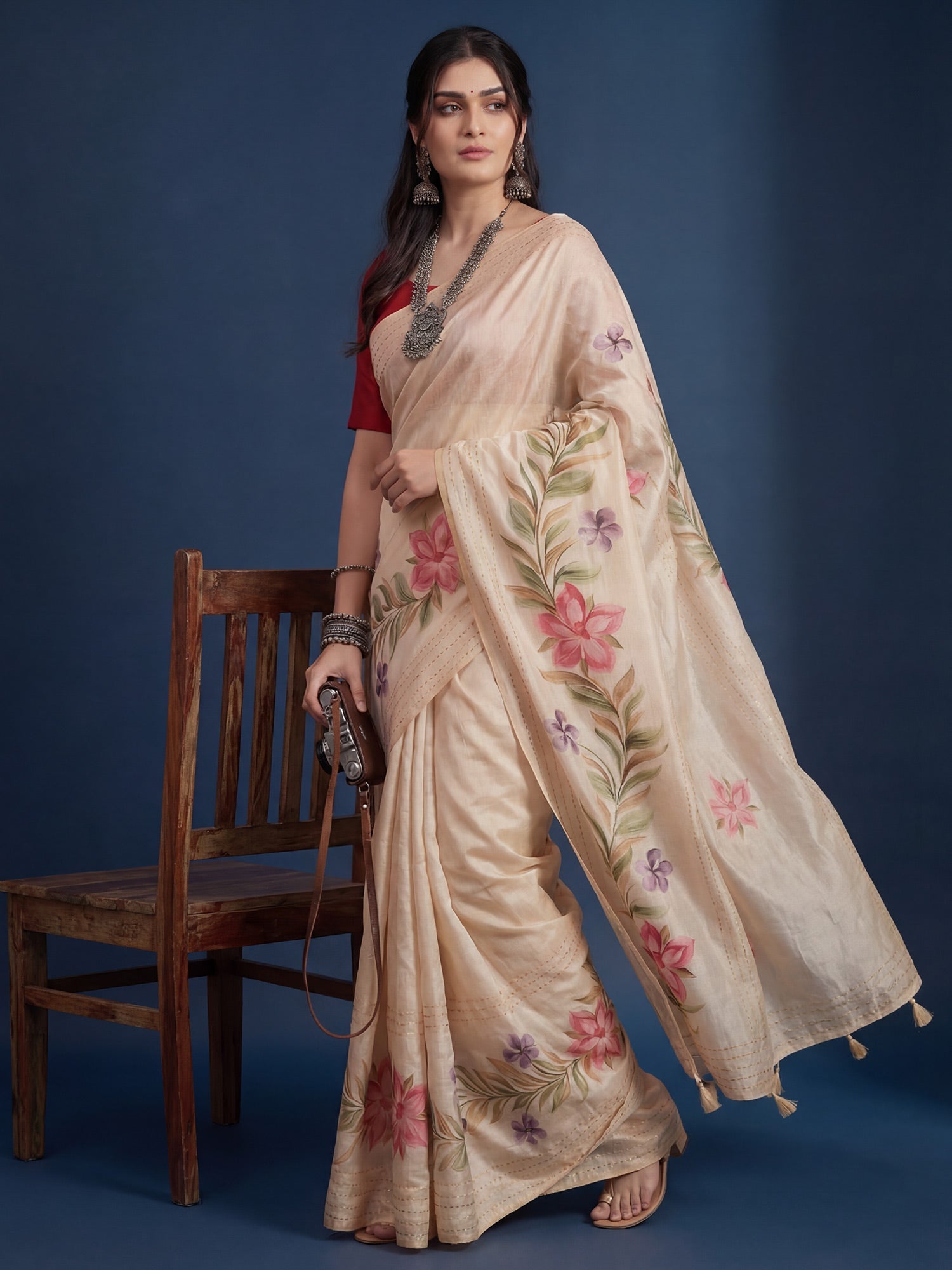 Cream Tussar Silk Saree with Asymmetrical Floral Border - Ressa