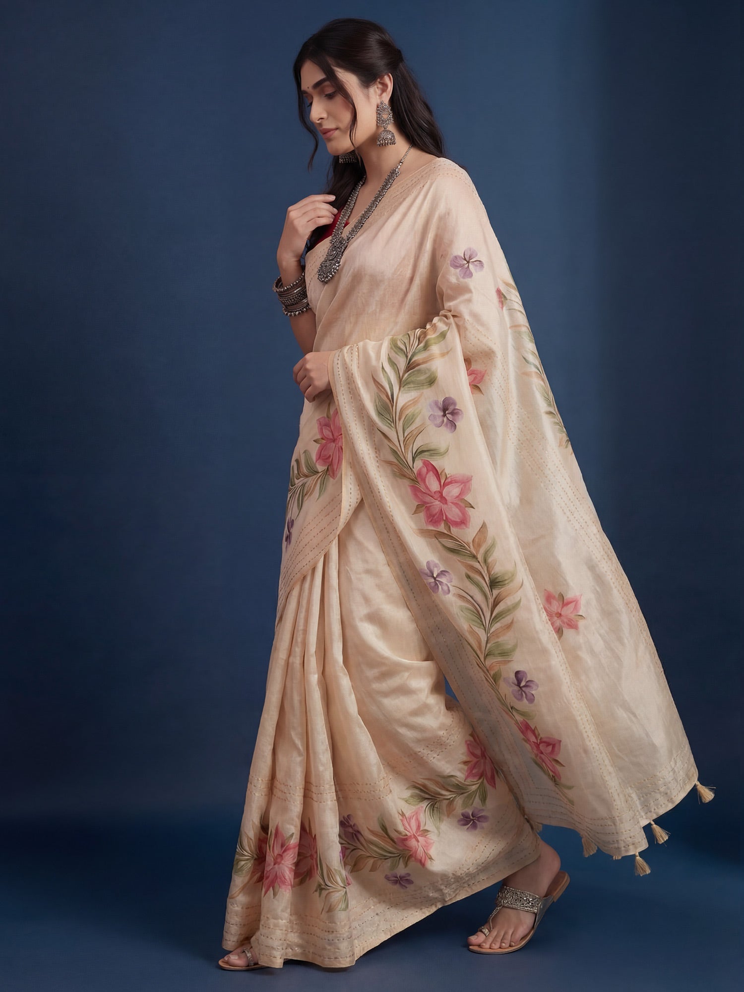 Cream Tussar Silk Saree with Asymmetrical Floral Border - Ressa