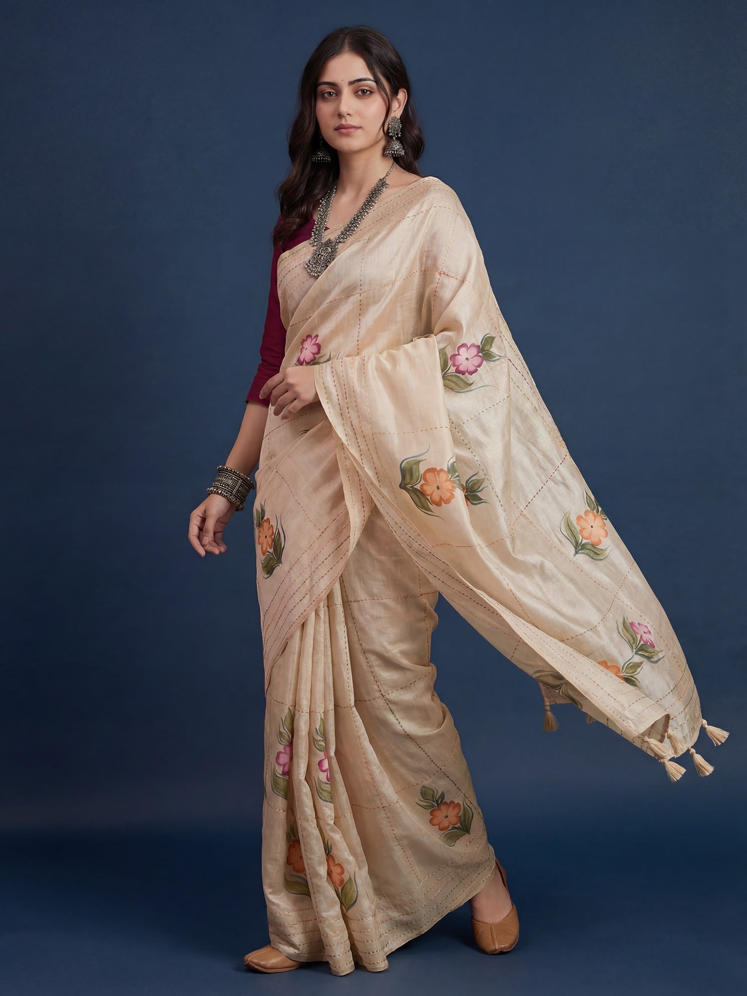 Cream Tussar Silk Saree with Hand-Painted Floral Bouquets - Ressa