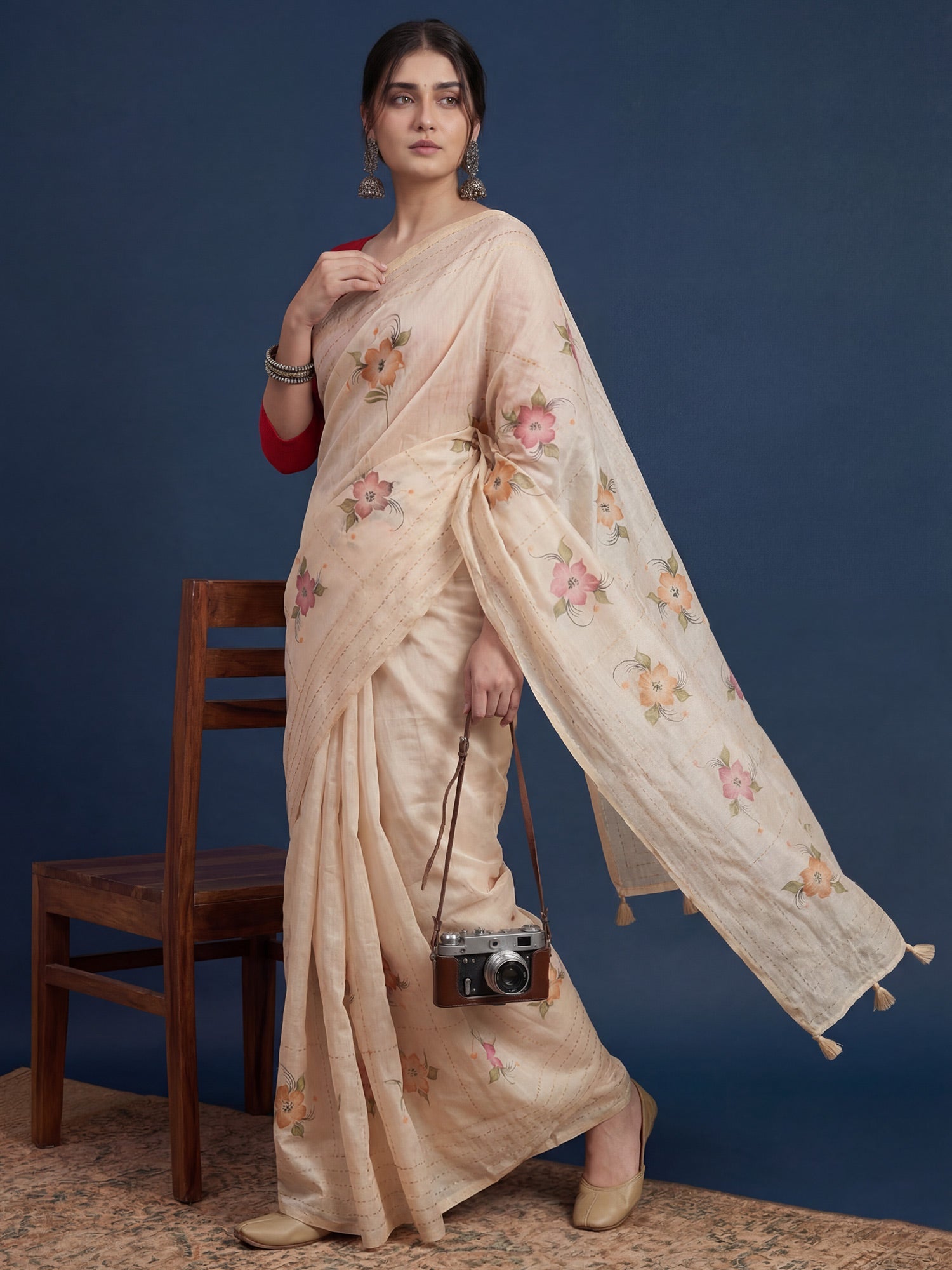 Cream Tussar Silk Saree with Hand-Painted Floral Bouquets - Ressa