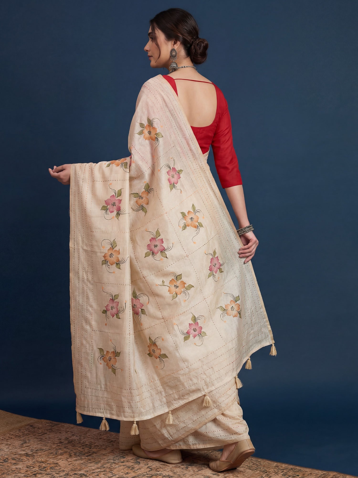 Cream Tussar Silk Saree with Hand-Painted Floral Bouquets - Ressa