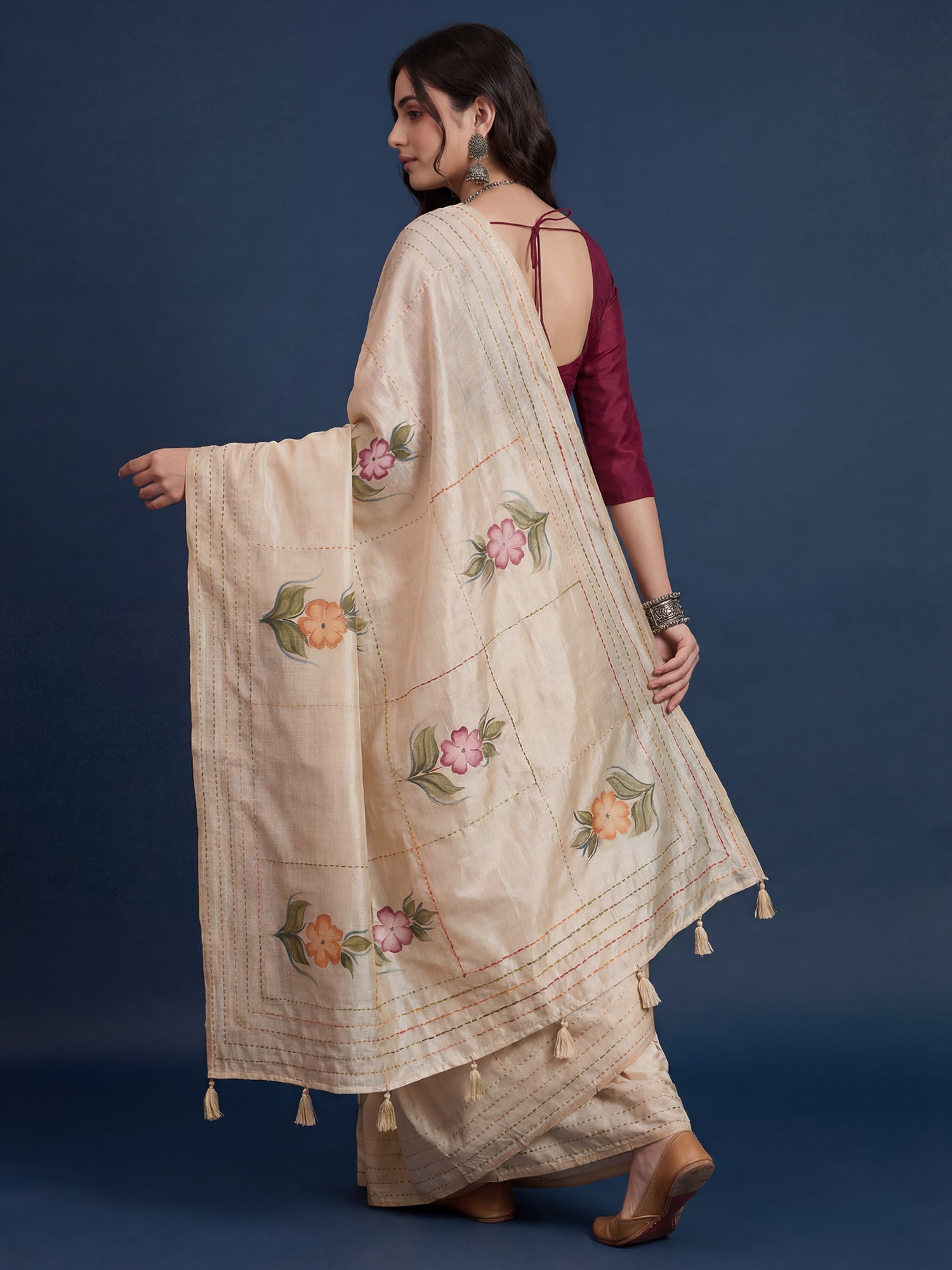 Cream Tussar Silk Saree with Hand-Painted Floral Bouquets - Ressa