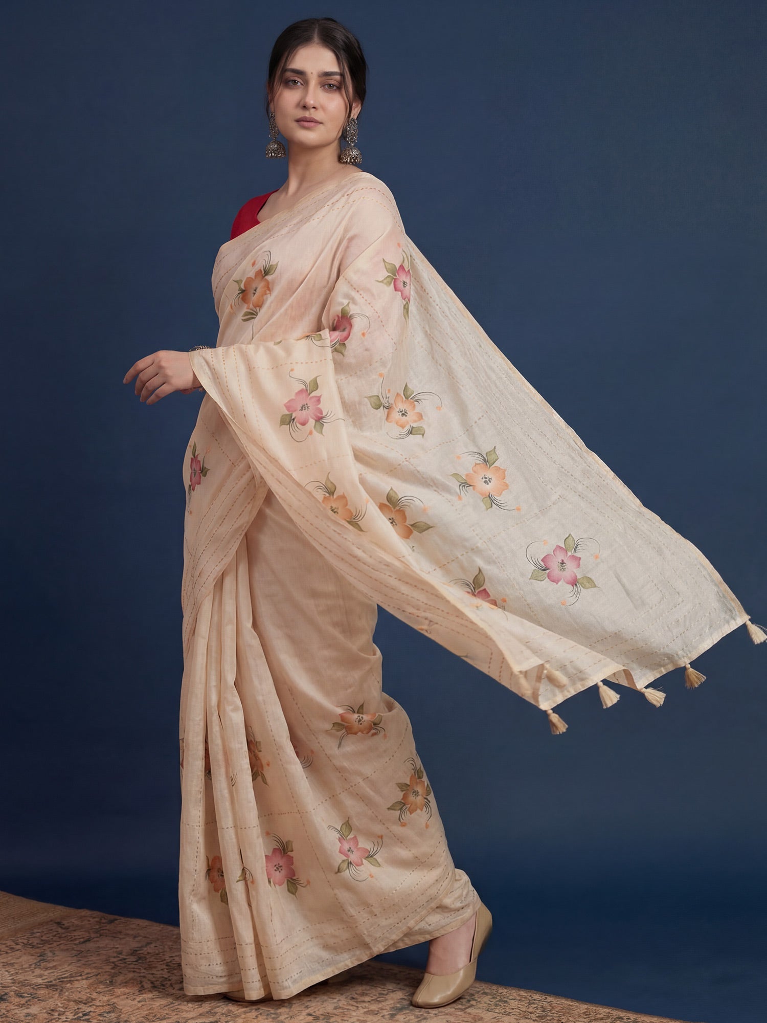 Cream Tussar Silk Saree with Hand-Painted Floral Bouquets - Ressa