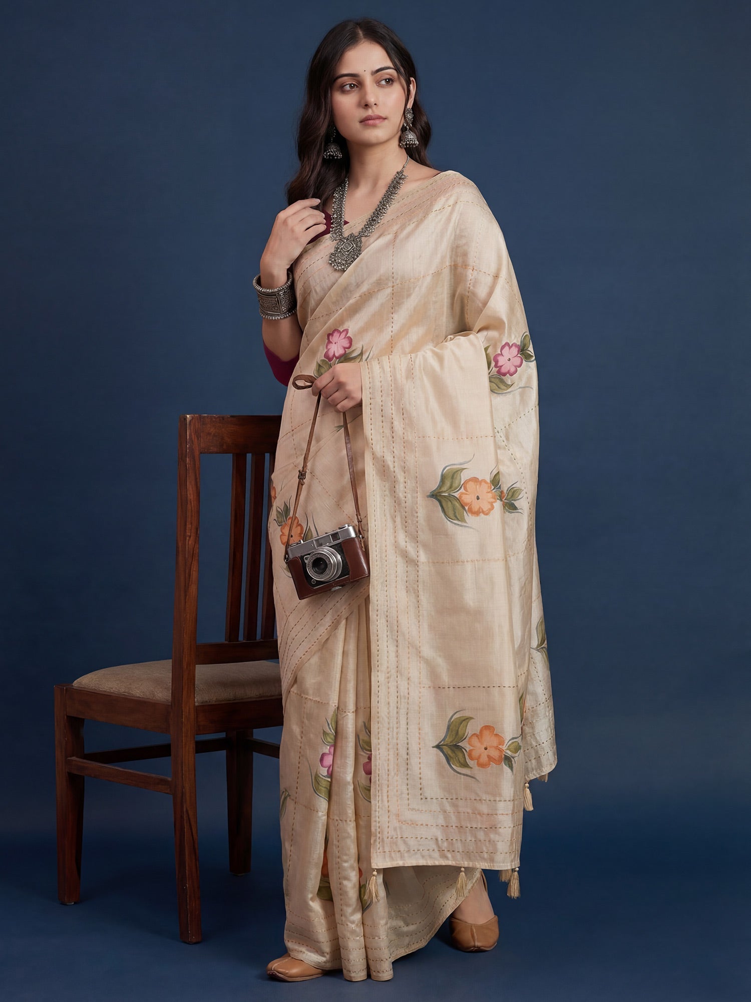 Cream Tussar Silk Saree with Hand-Painted Floral Bouquets - Ressa