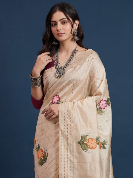 Cream Tussar Silk Saree with Hand-Painted Floral Bouquets - Ressa