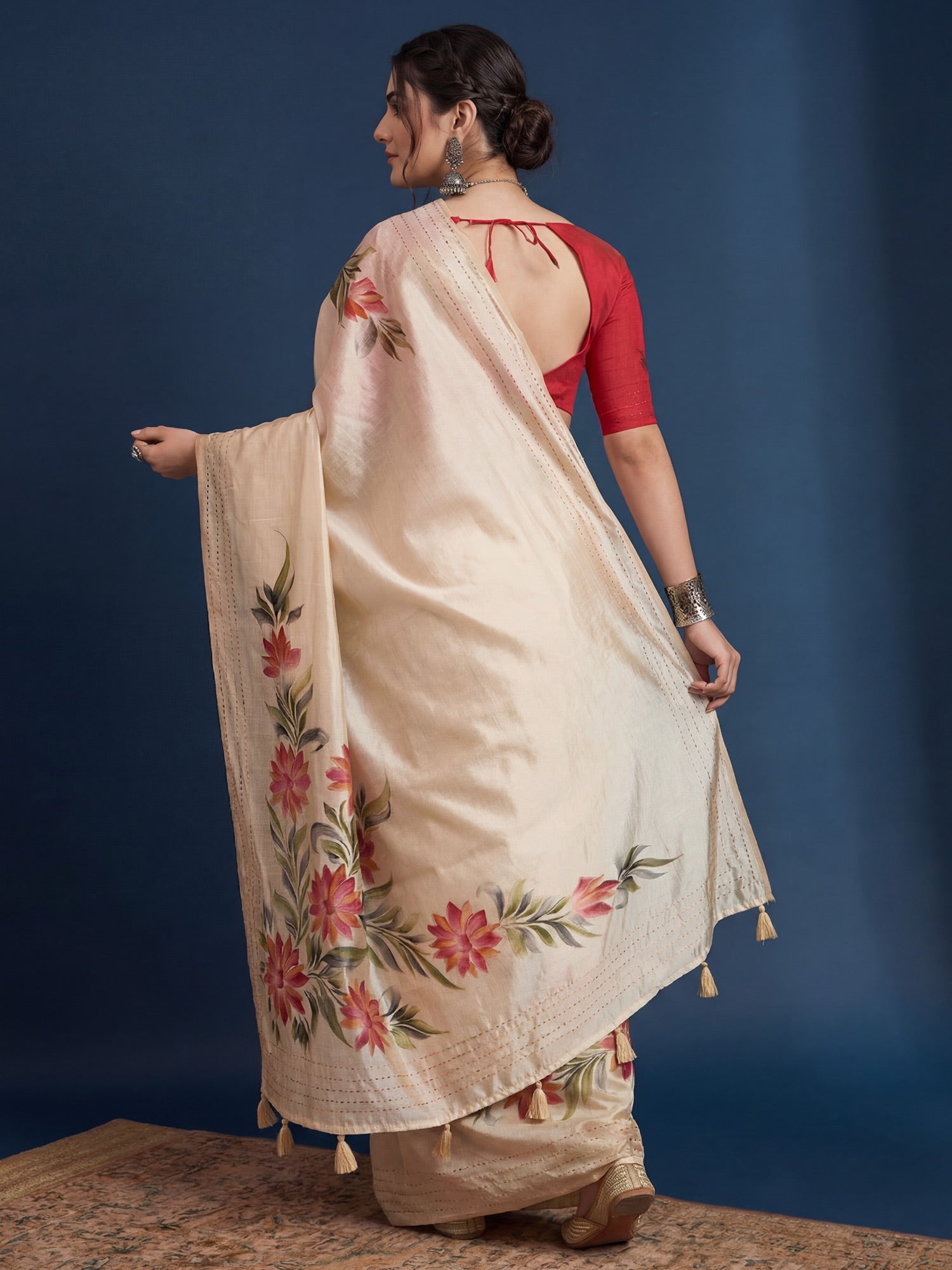 Cream Tussar Silk Saree with Hand-Painted Floral Vines - Ressa