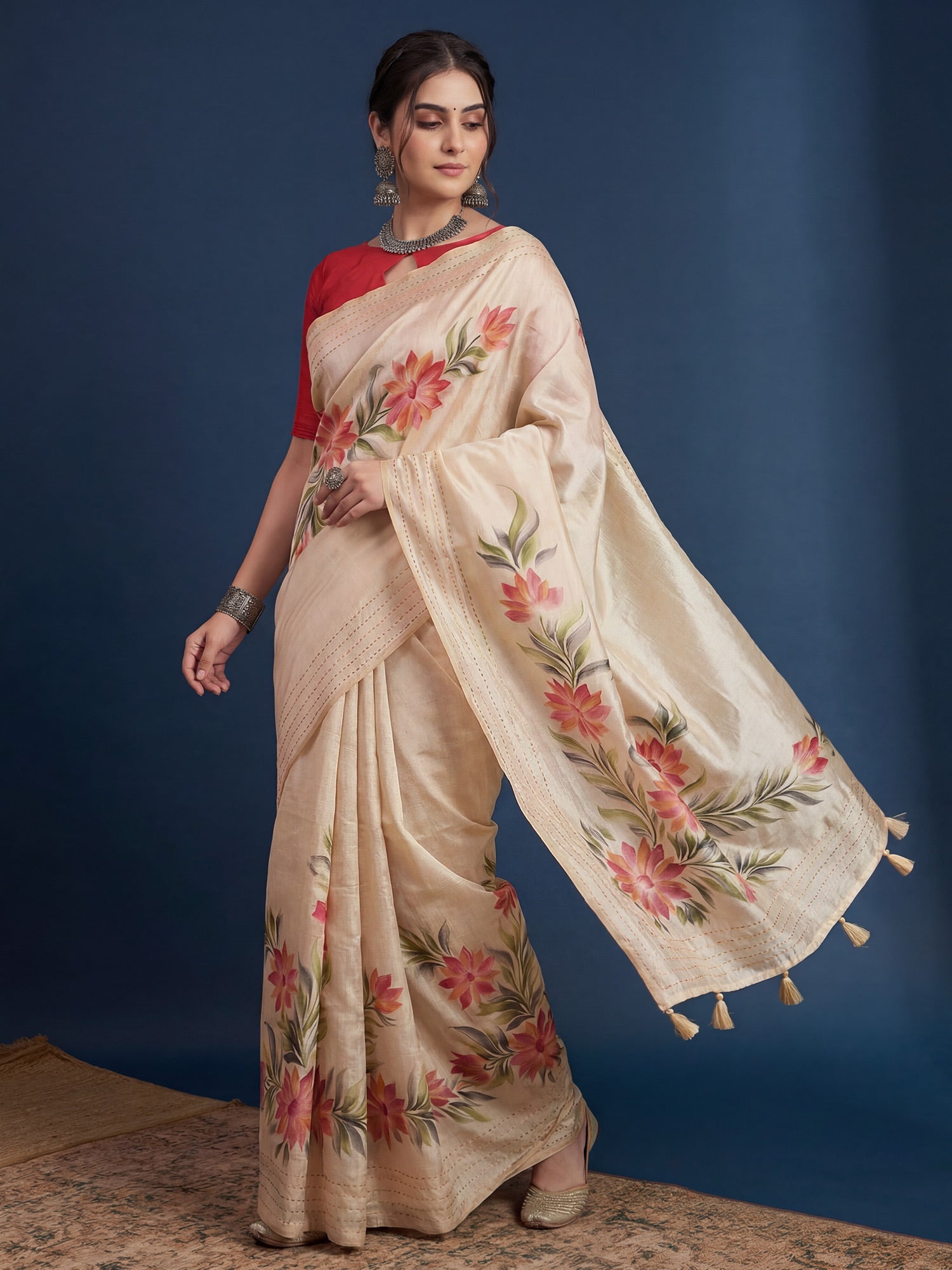 Cream Tussar Silk Saree with Hand-Painted Floral Vines - Ressa