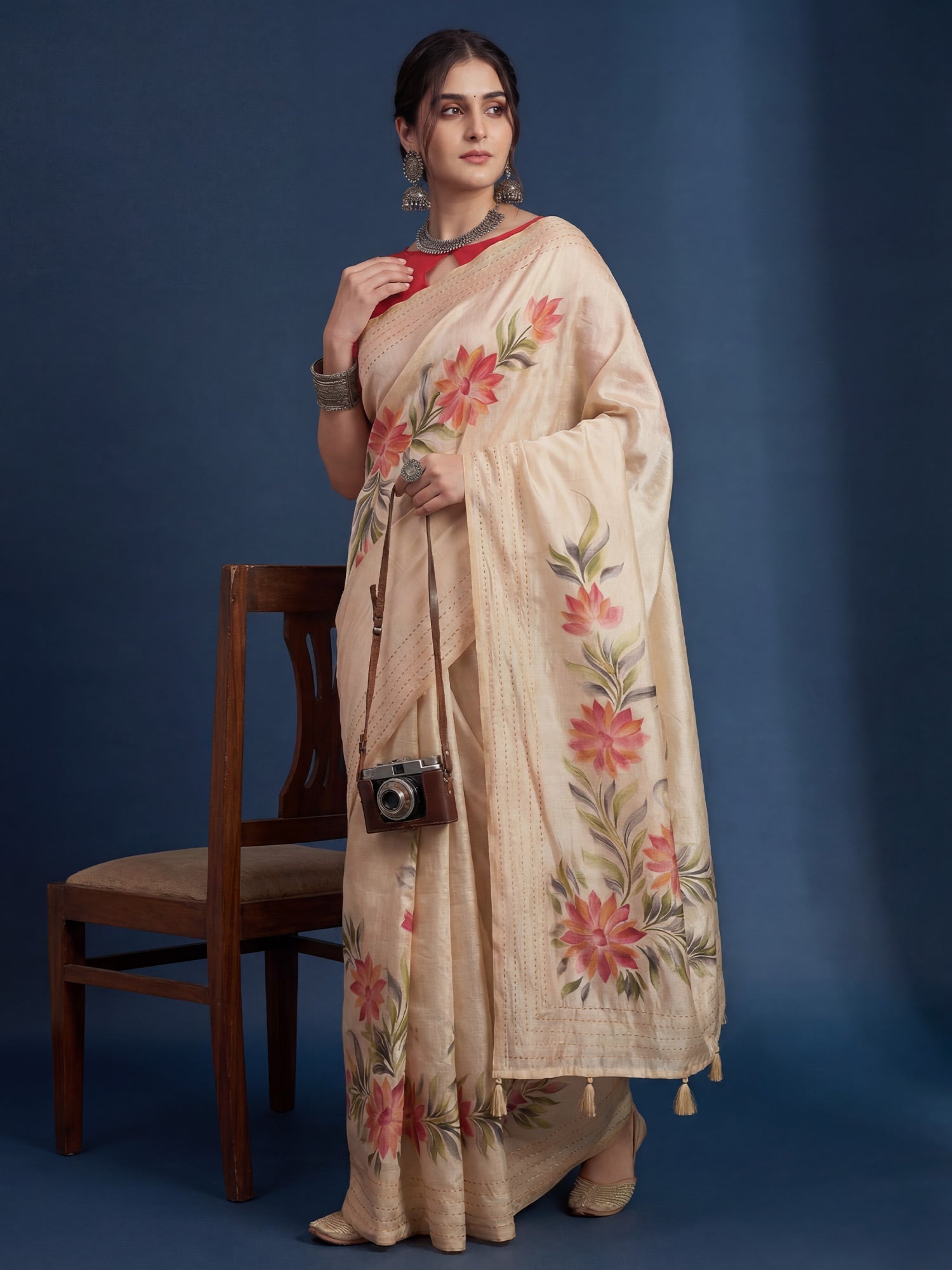 Cream Tussar Silk Saree with Hand-Painted Floral Vines - Ressa