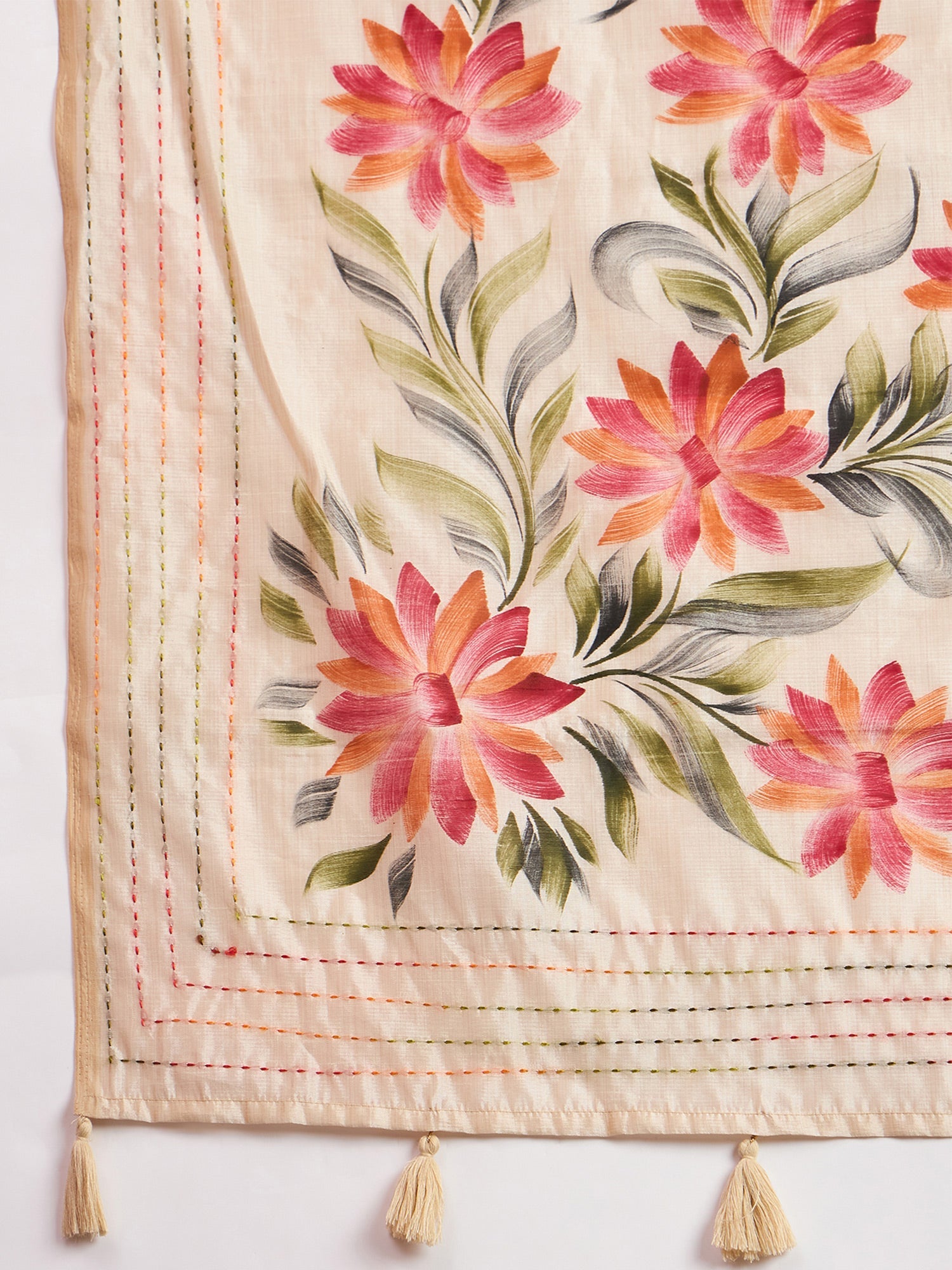 Cream Tussar Silk Saree with Hand-Painted Floral Vines - Ressa