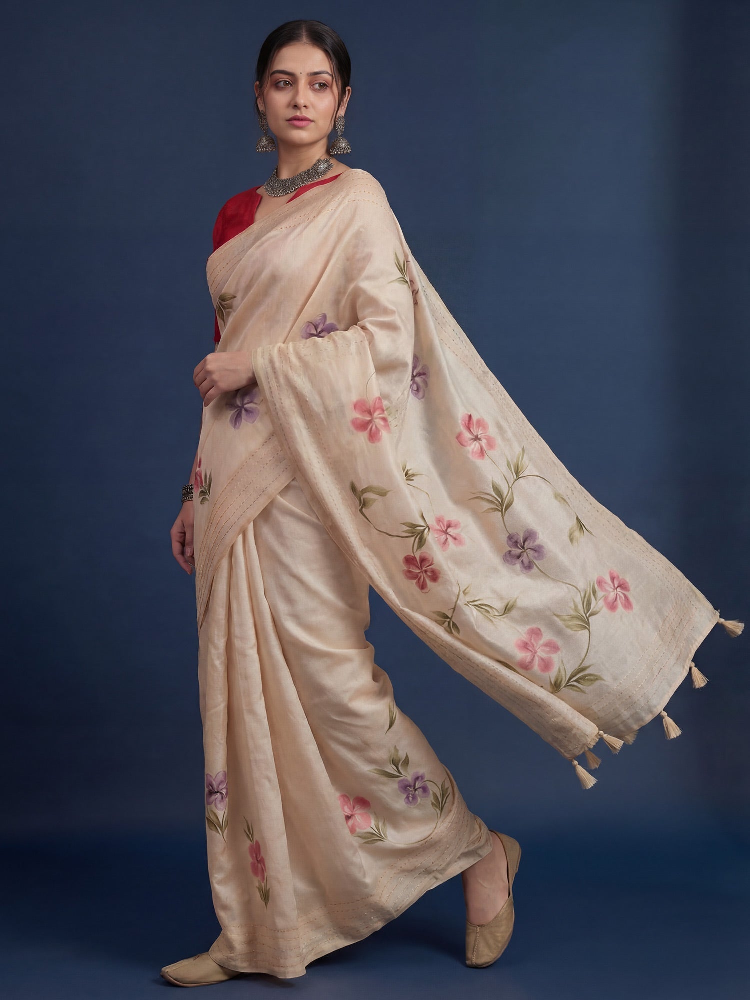 Cream Tussar Silk Saree with Scattered Hand-Painted Wildflowers - Ressa