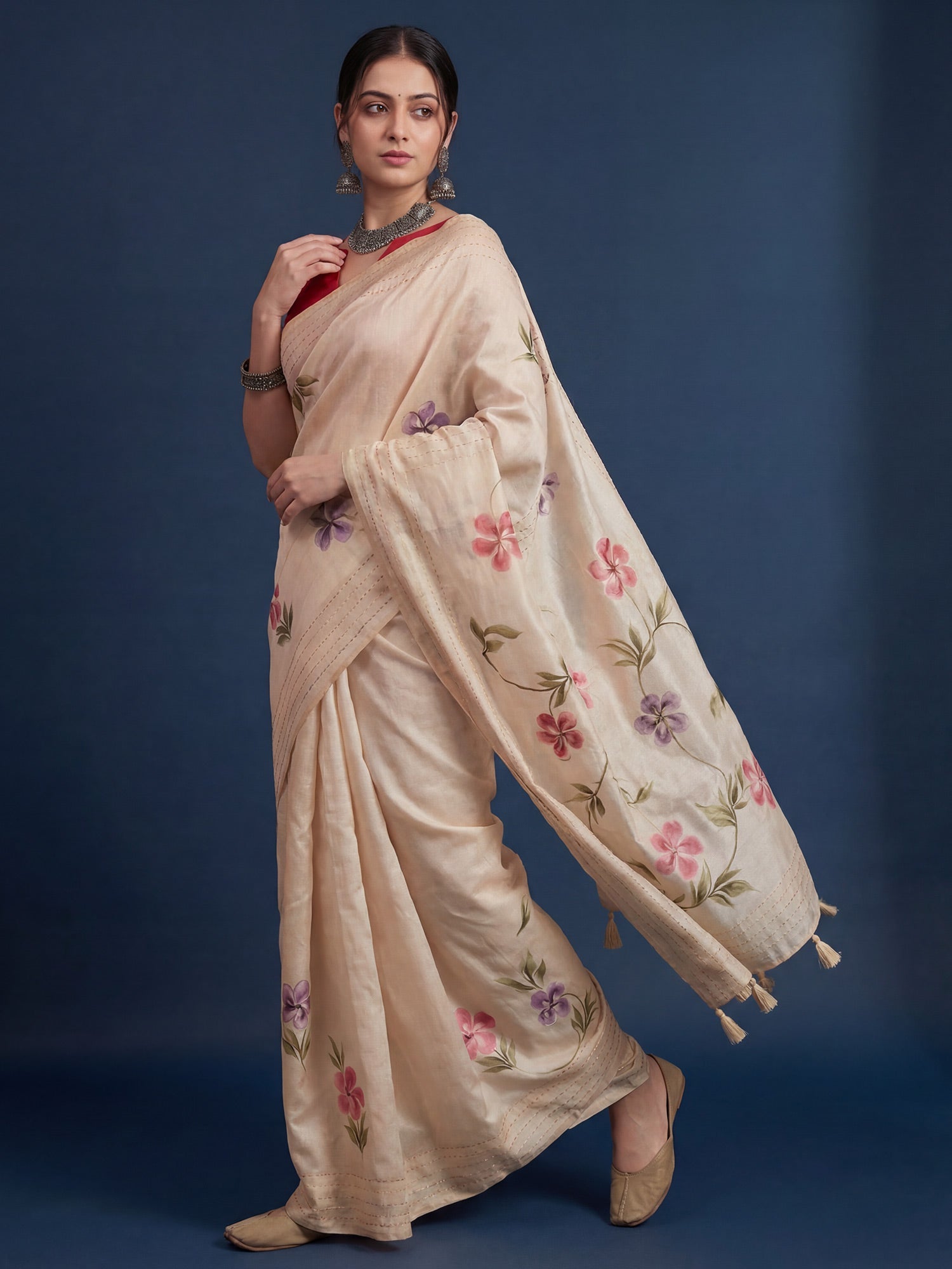 Cream Tussar Silk Saree with Scattered Hand-Painted Wildflowers - Ressa