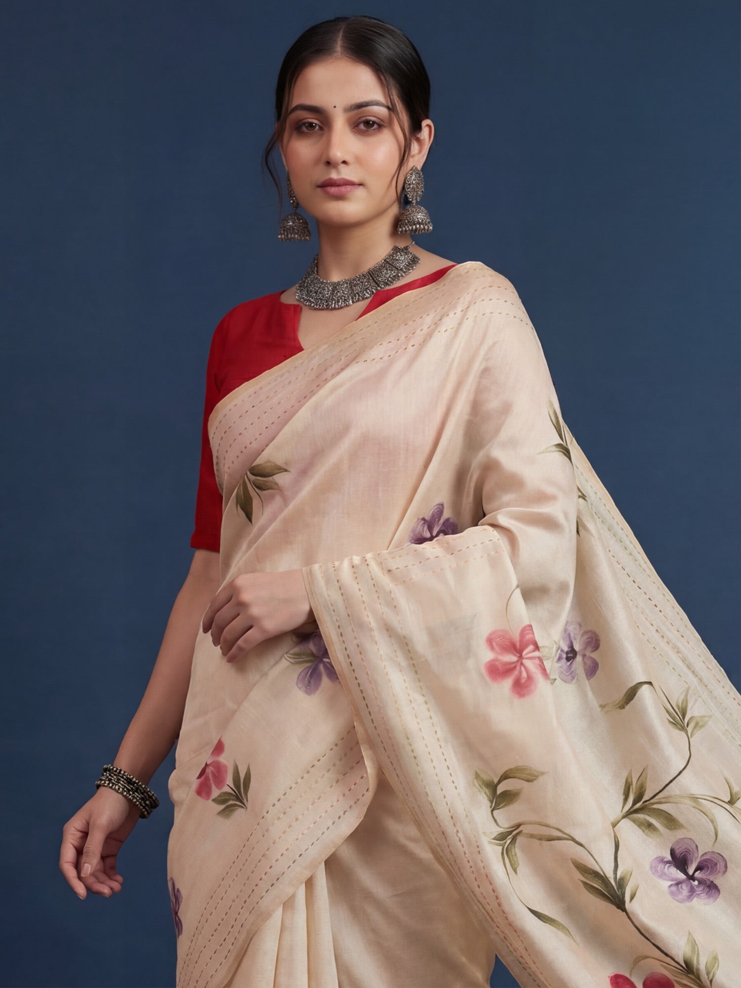 Cream Tussar Silk Saree with Scattered Hand-Painted Wildflowers - Ressa