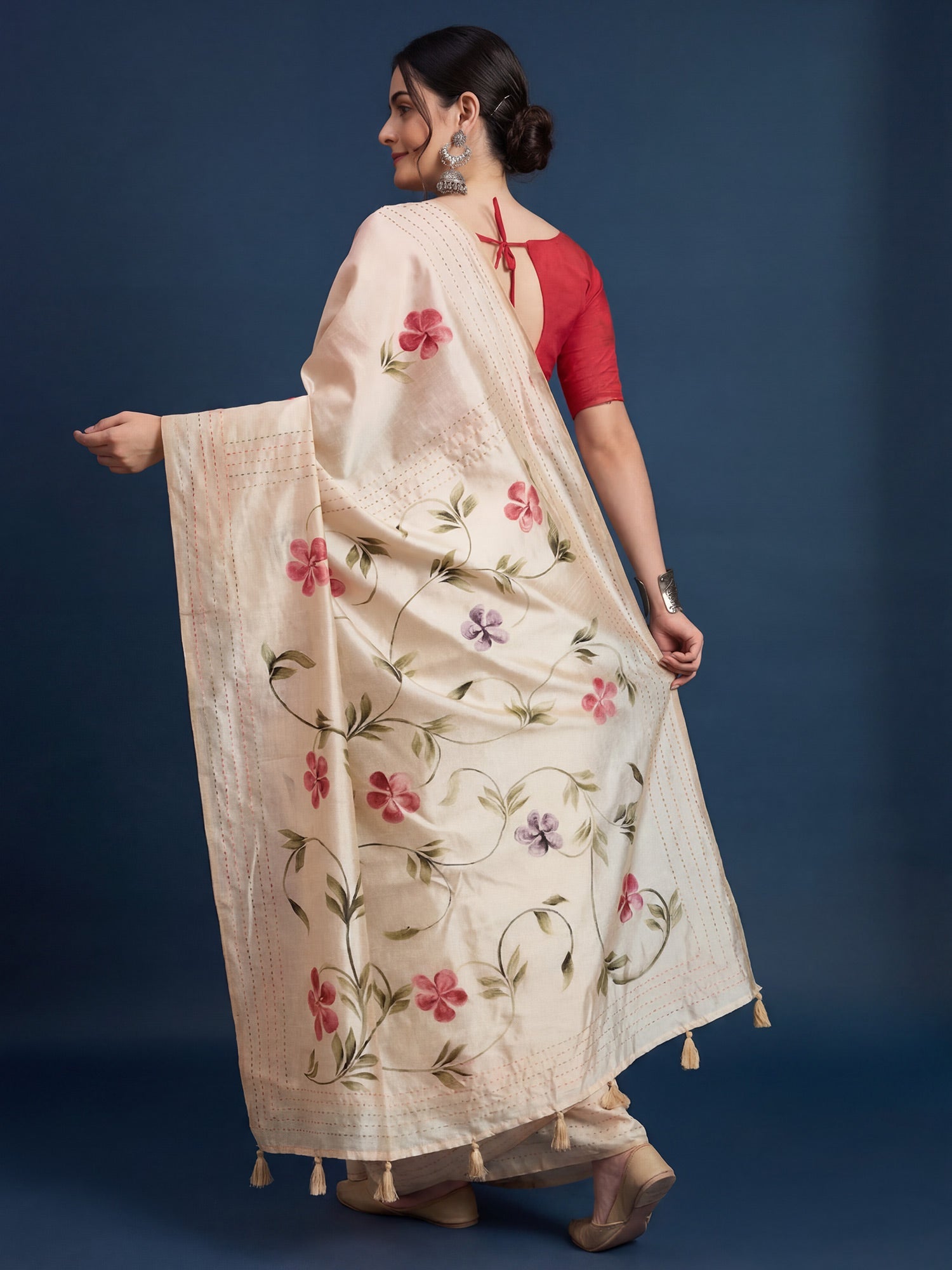 Cream Tussar Silk Saree with Scattered Hand-Painted Wildflowers - Ressa