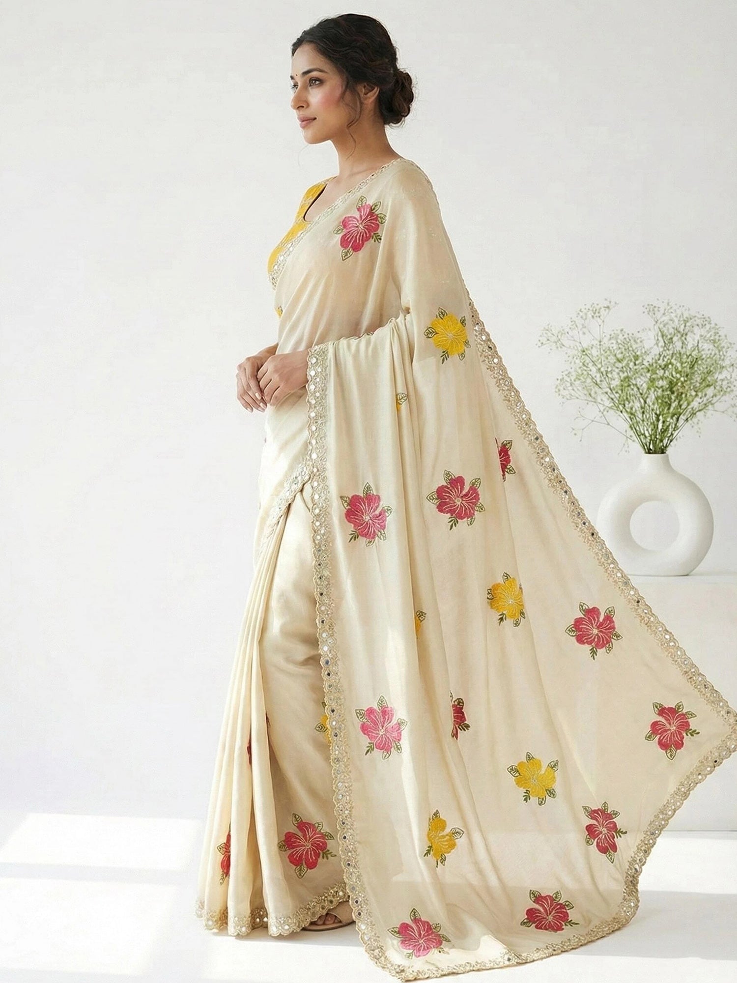 Cream Yellow Embroidered Sareee - Ressa