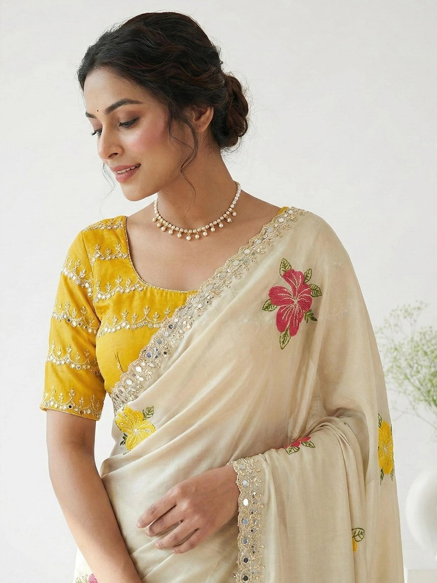 Cream Yellow Embroidered Sareee - Ressa