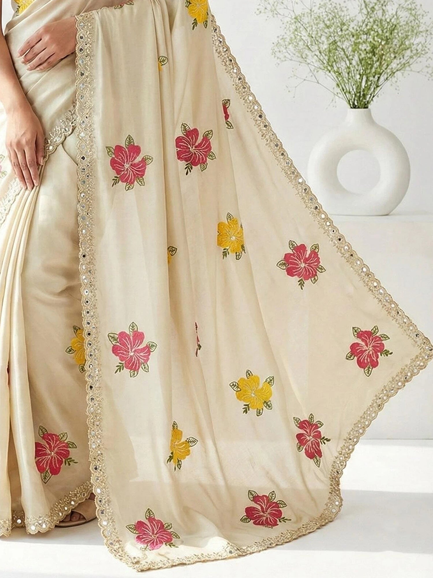 Cream Yellow Embroidered Sareee - Ressa