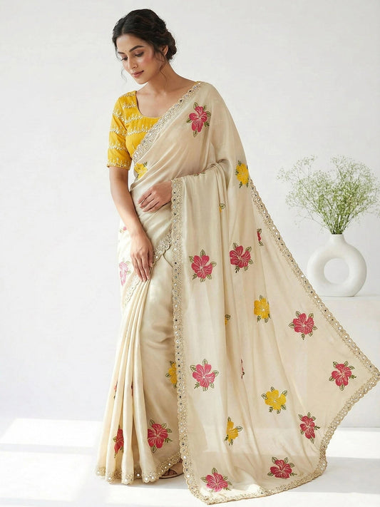Cream Yellow Embroidered Sareee - Ressa