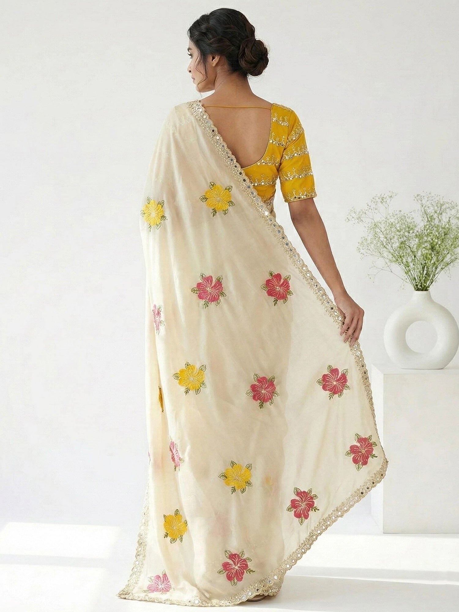 Cream Yellow Embroidered Sareee - Ressa