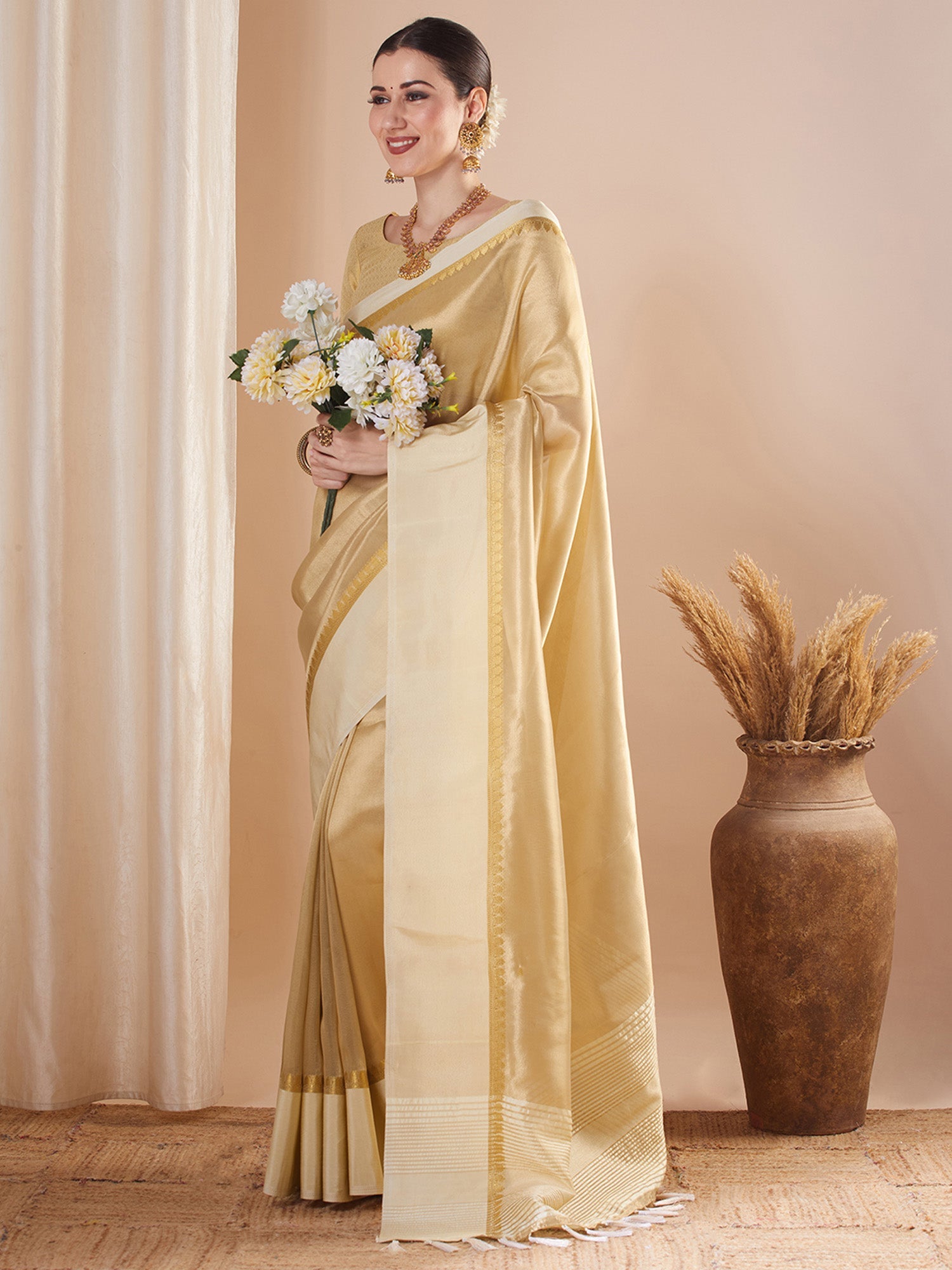 Cream Zari Woven Tissue Silk Saree - Ressa
