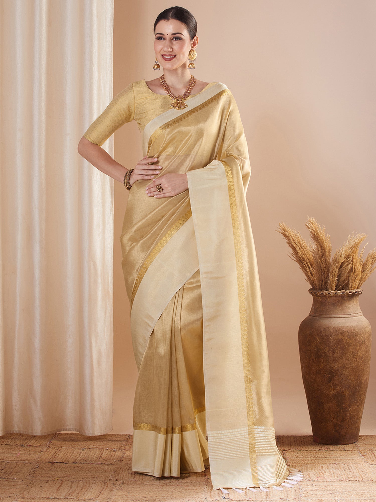 Cream Zari Woven Tissue Silk Saree - Ressa