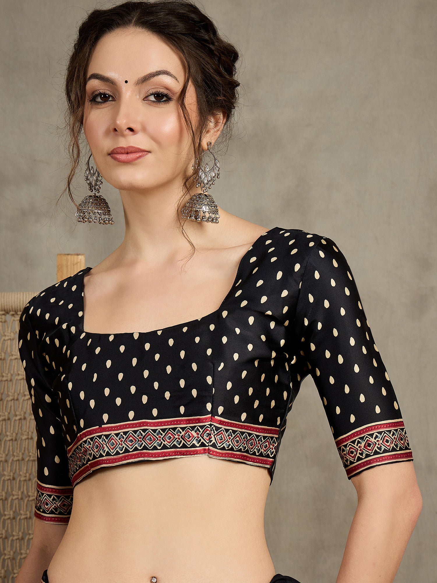 Crepe Black Ajrakh Block Printed Saree - Ressa