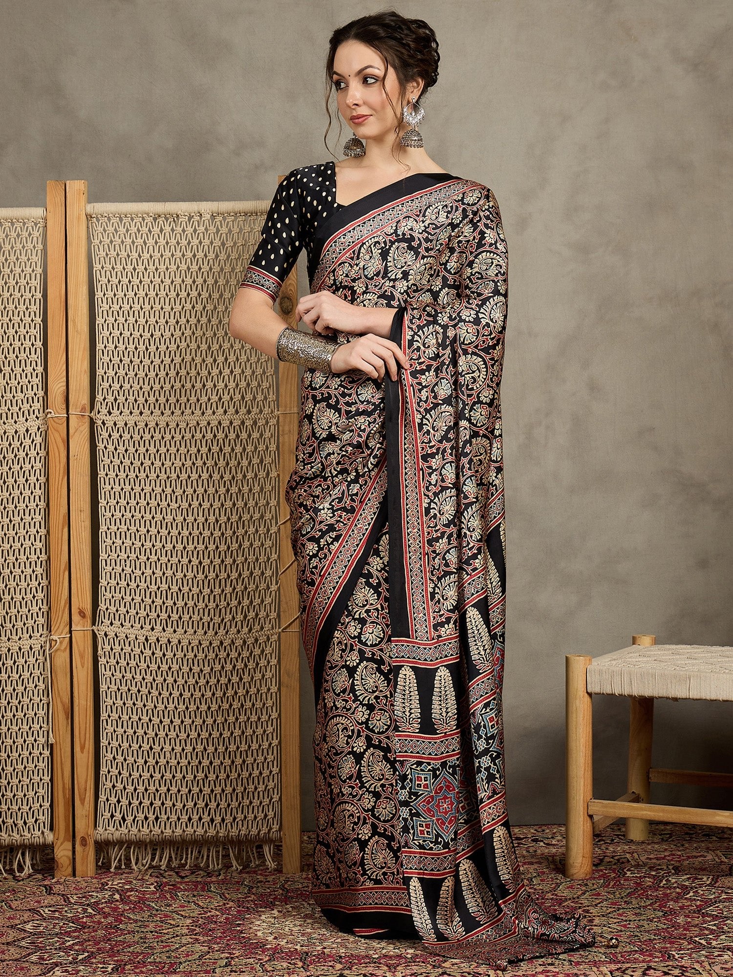 Crepe Black Ajrakh Block Printed Saree - Ressa