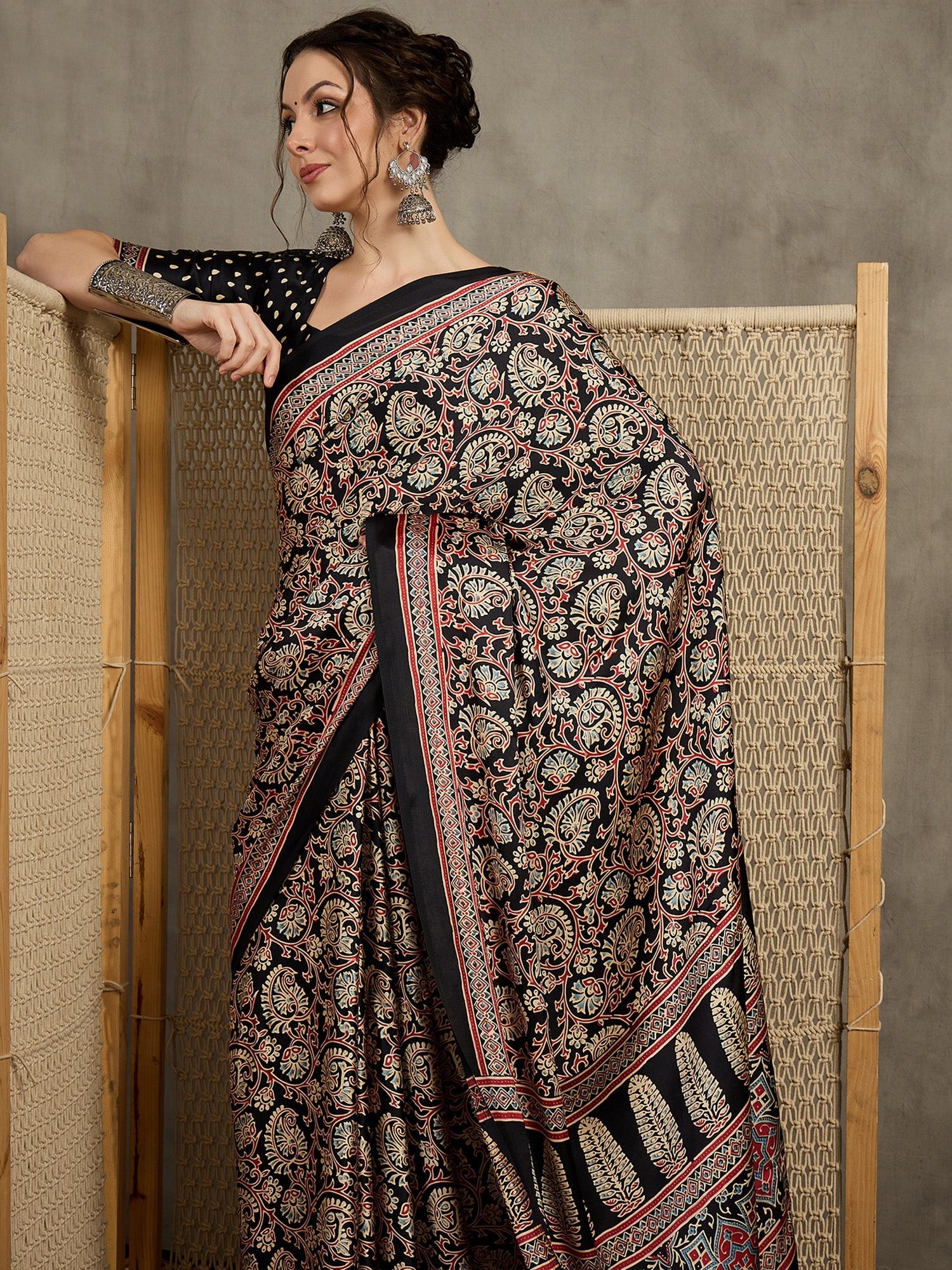 Crepe Black Ajrakh Block Printed Saree - Ressa