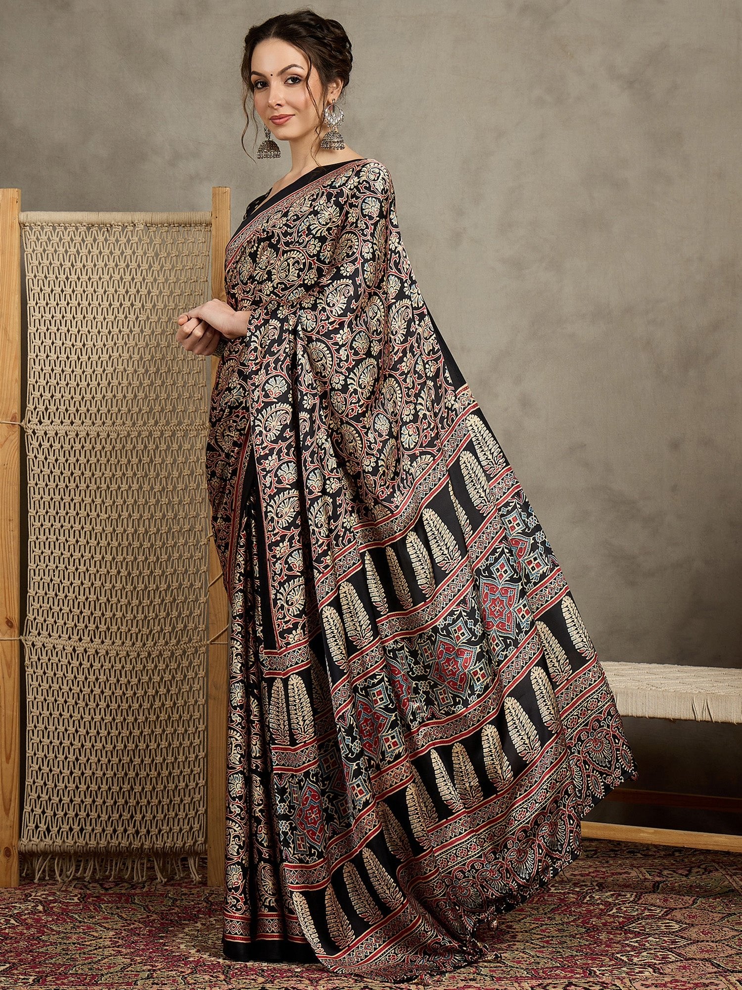 Crepe Black Ajrakh Block Printed Saree - Ressa
