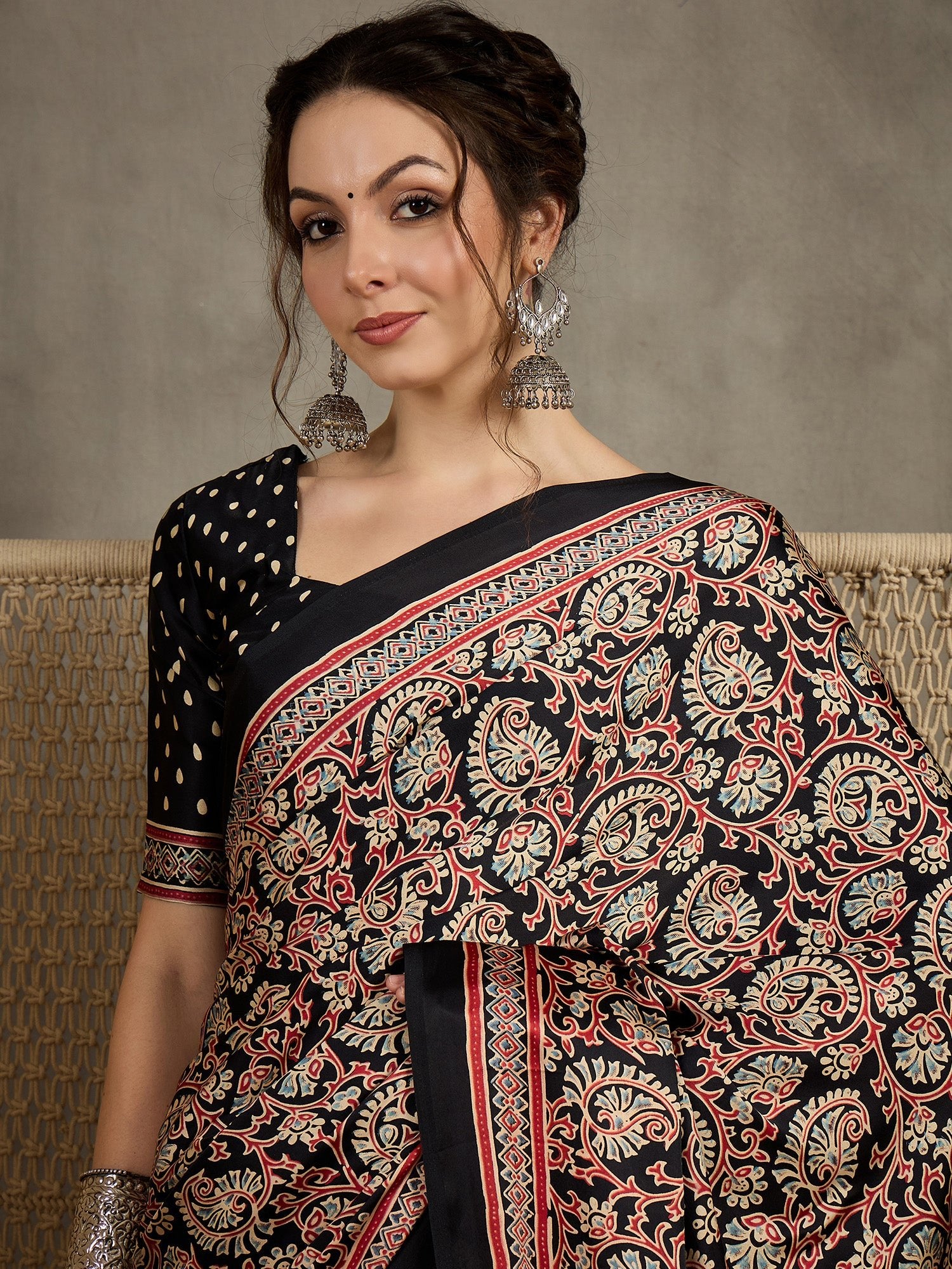 Crepe Black Ajrakh Block Printed Saree - Ressa