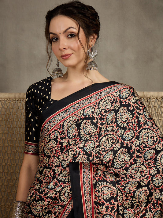 Crepe Black Ajrakh Block Printed Saree - Ressa