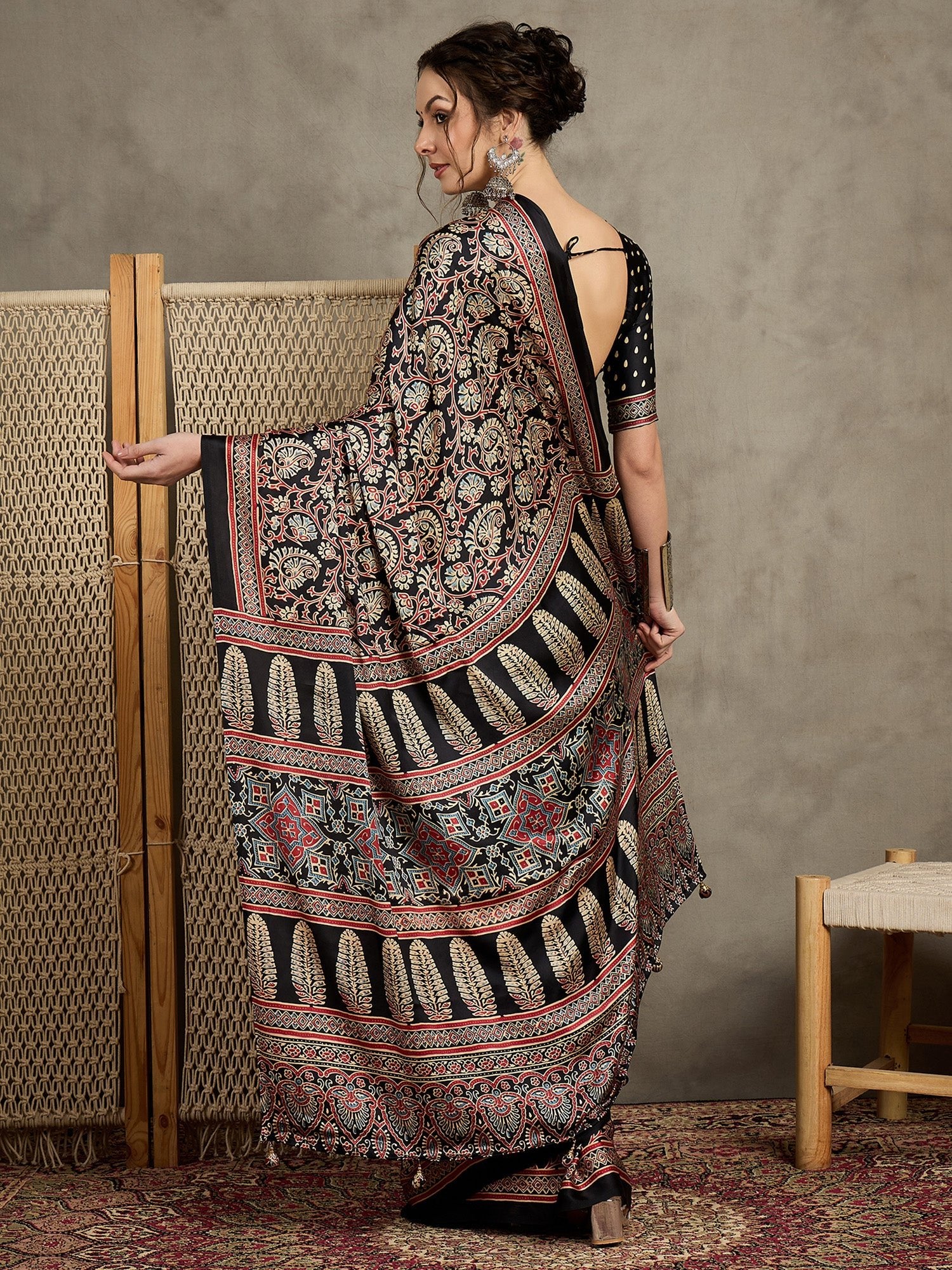 Crepe Black Ajrakh Block Printed Saree - Ressa