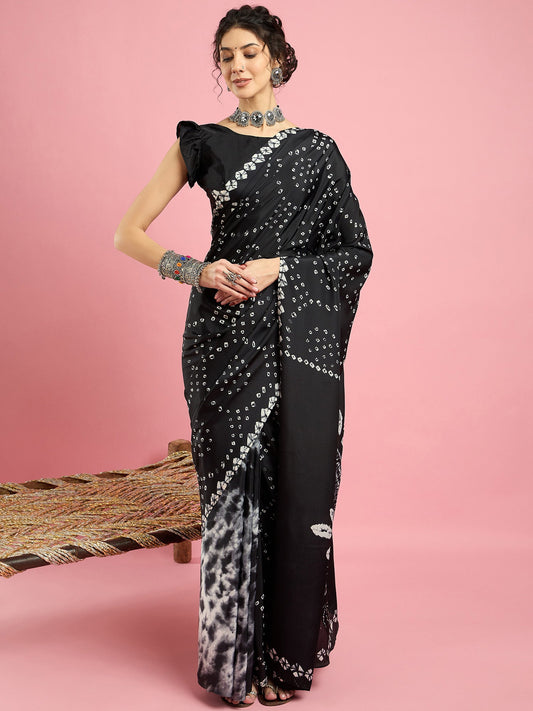 Crepe Black Bandhani Printed Saree - Ressa