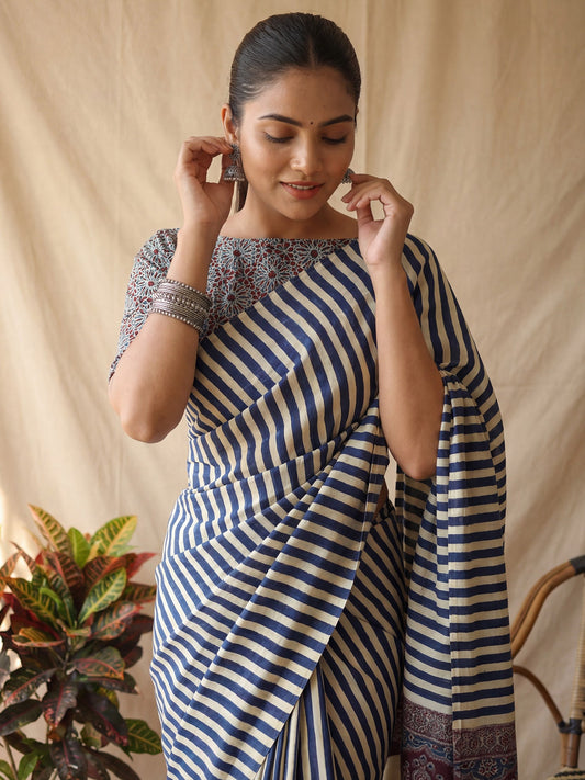 Crepe Blue Striped Party Wear Saree - Ressa