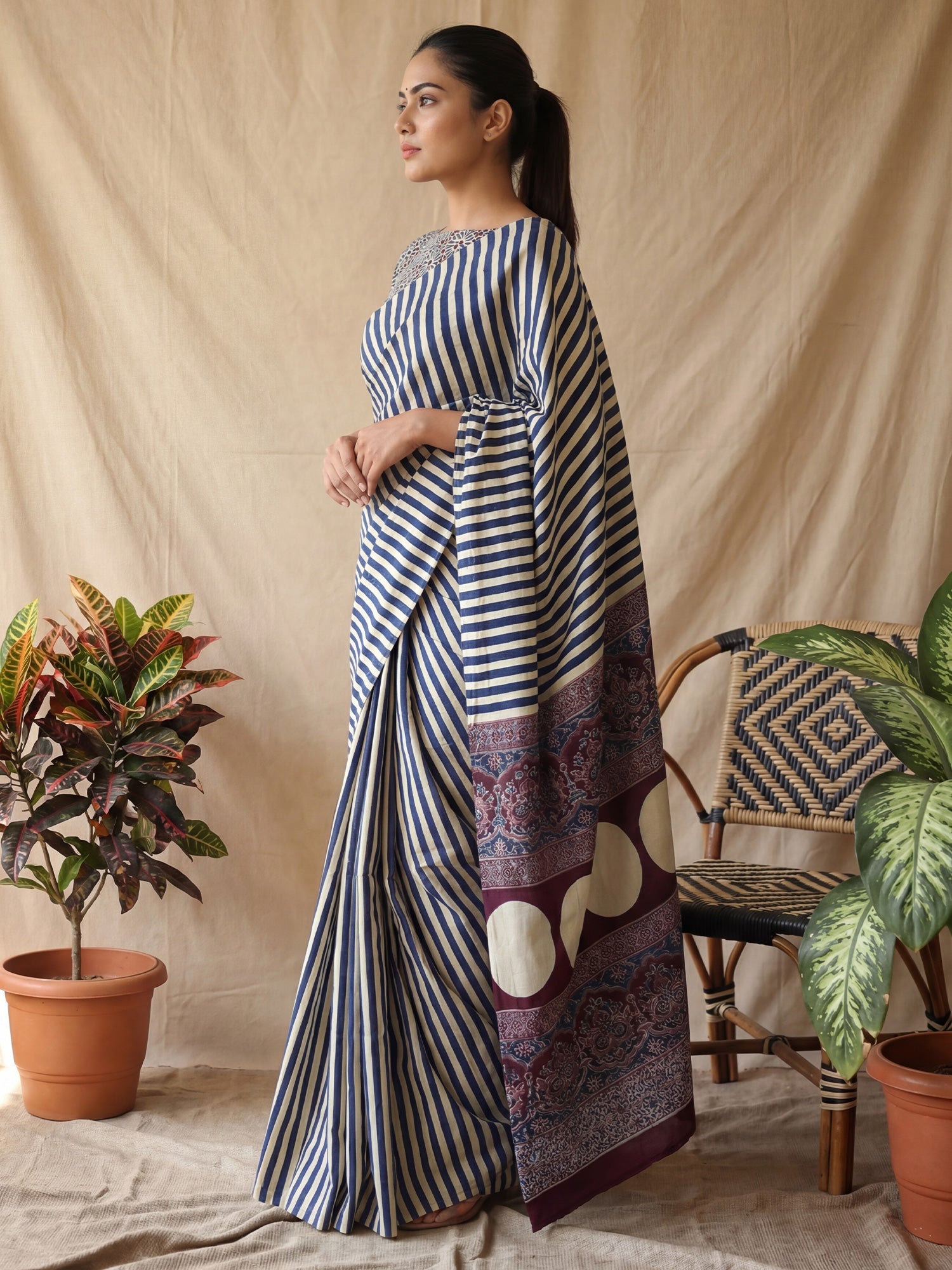 Crepe Blue Striped Party Wear Saree - Ressa
