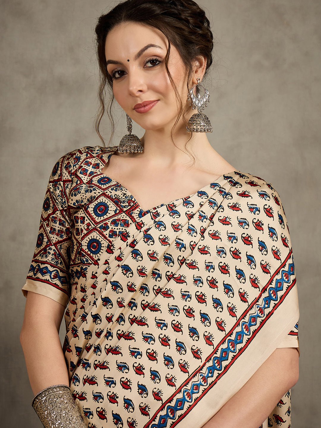 Crepe Cream Ajrakh Block Printed Saree - Ressa