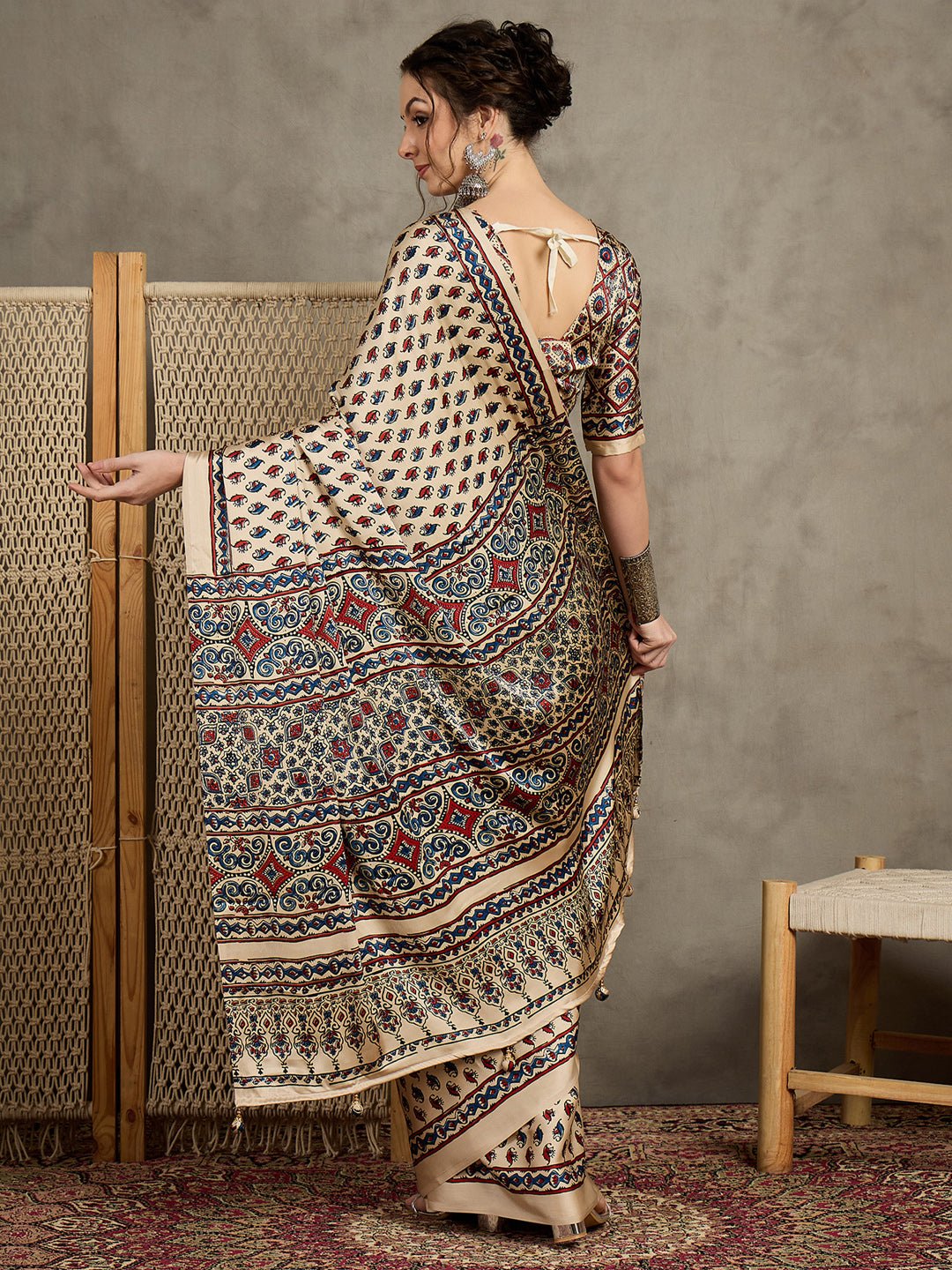 Crepe Cream Ajrakh Block Printed Saree - Ressa