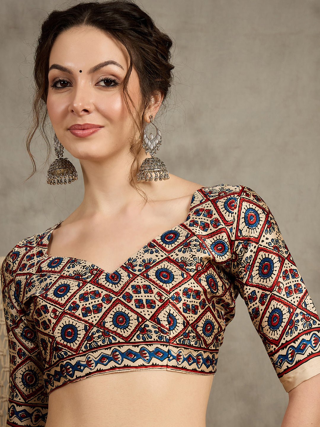 Crepe Cream Ajrakh Block Printed Saree - Ressa